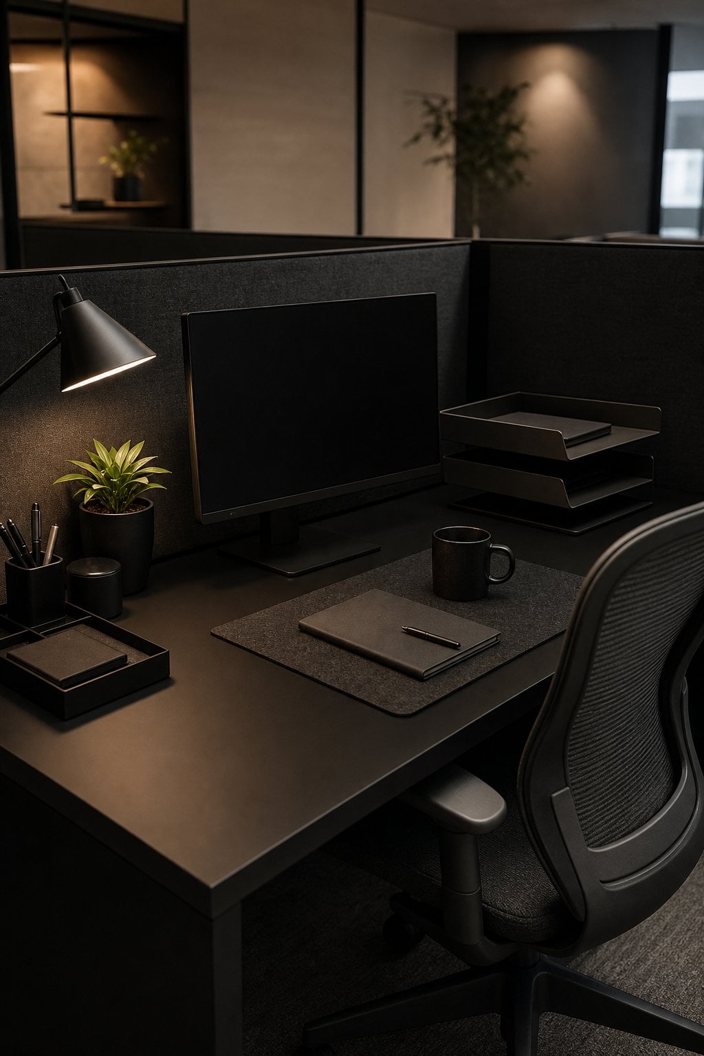 Dark Moody Office Cubicle Decor Idea 1 Dramatic Black Desk Styling