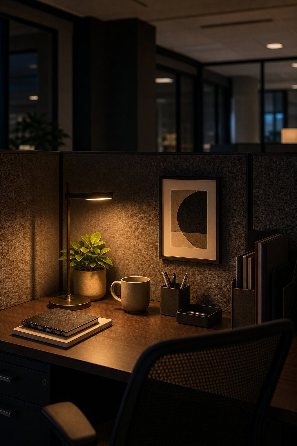 Dark Moody Office Cubicle Decor Idea 2 Cozy Low Light Lamp Corner