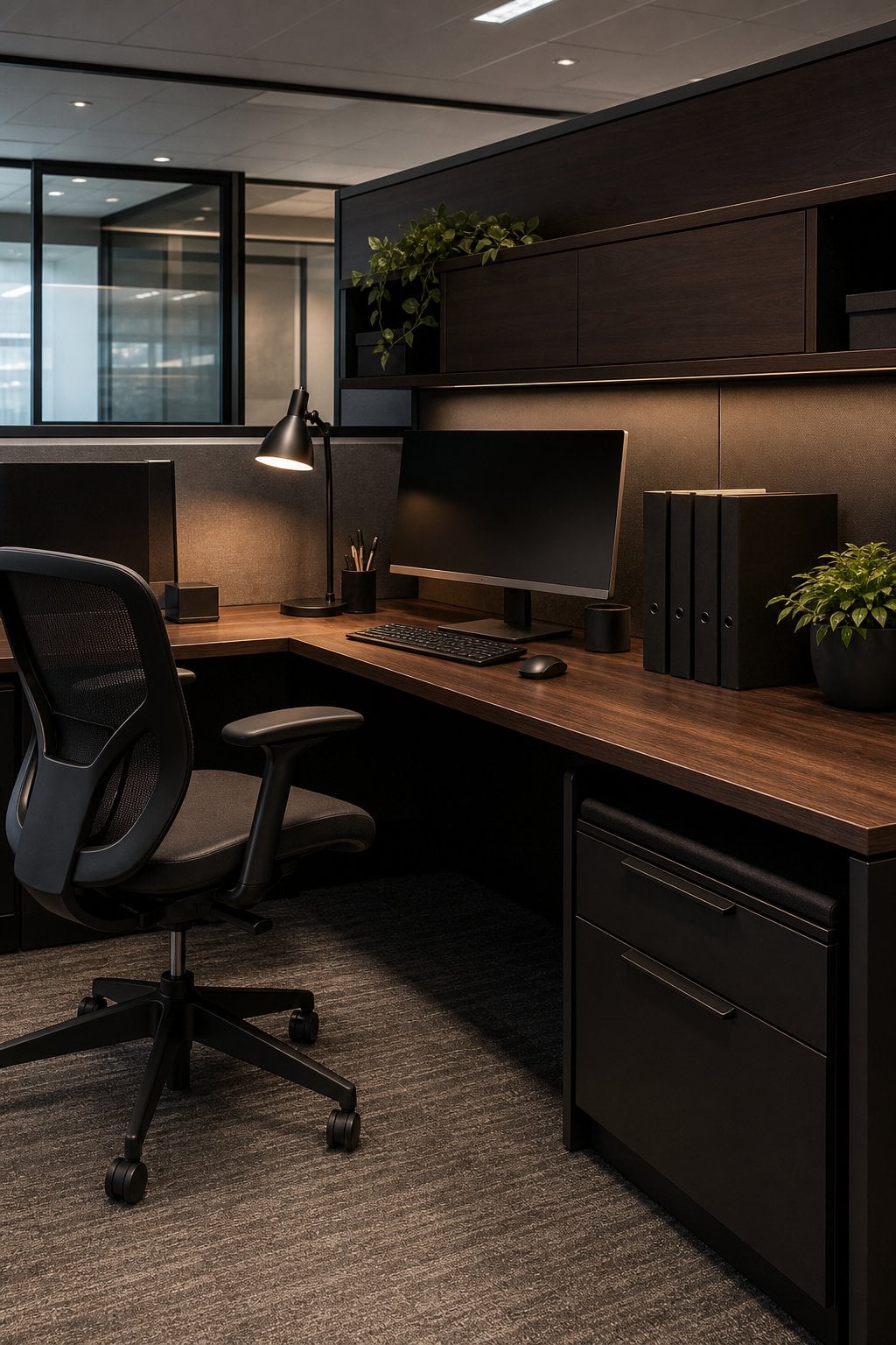 Dark Moody Office Cubicle Decor Idea 3 Dark Wood Accents
