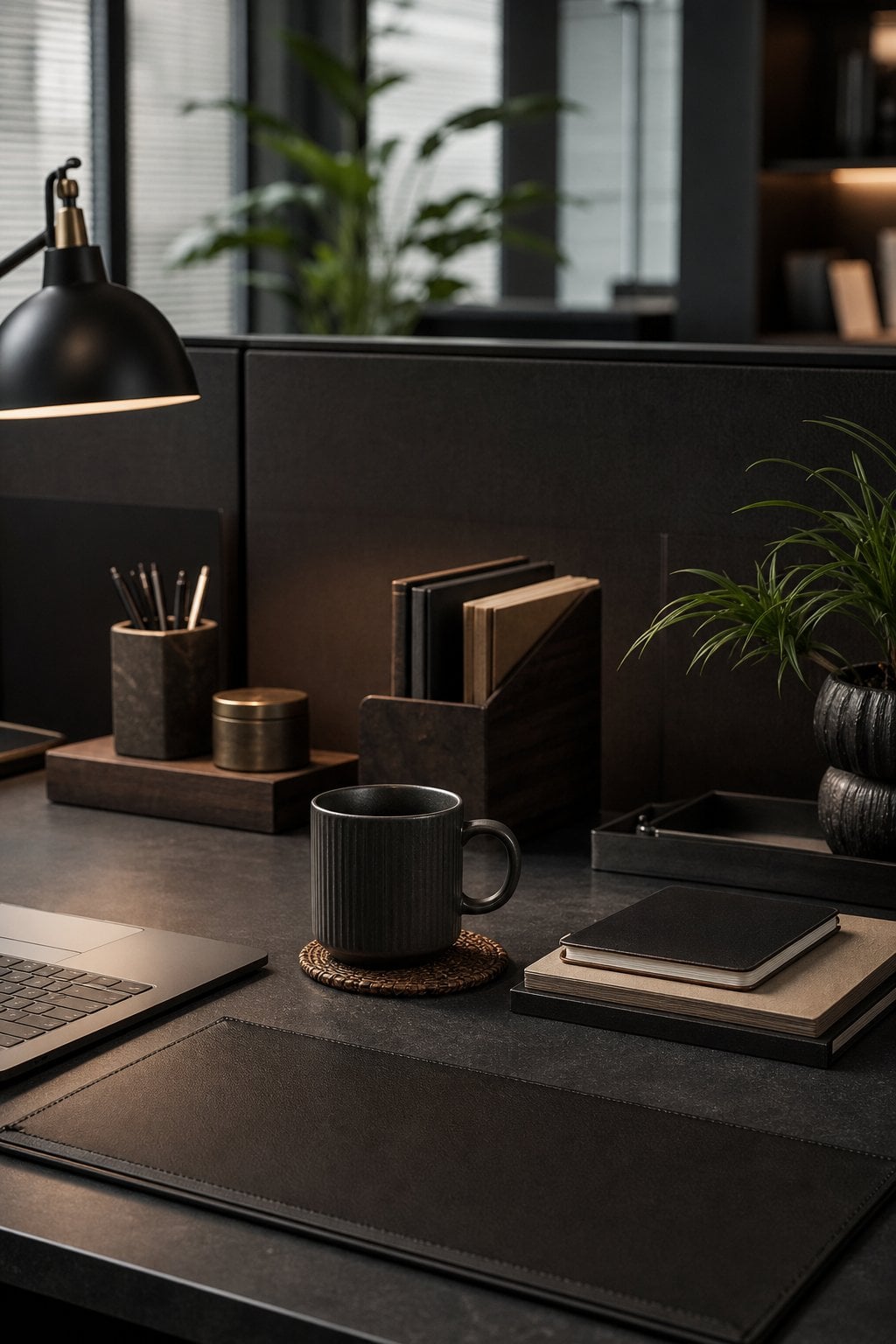 Dark Moody Office Cubicle Decor Idea 5 Textured Desk Layers