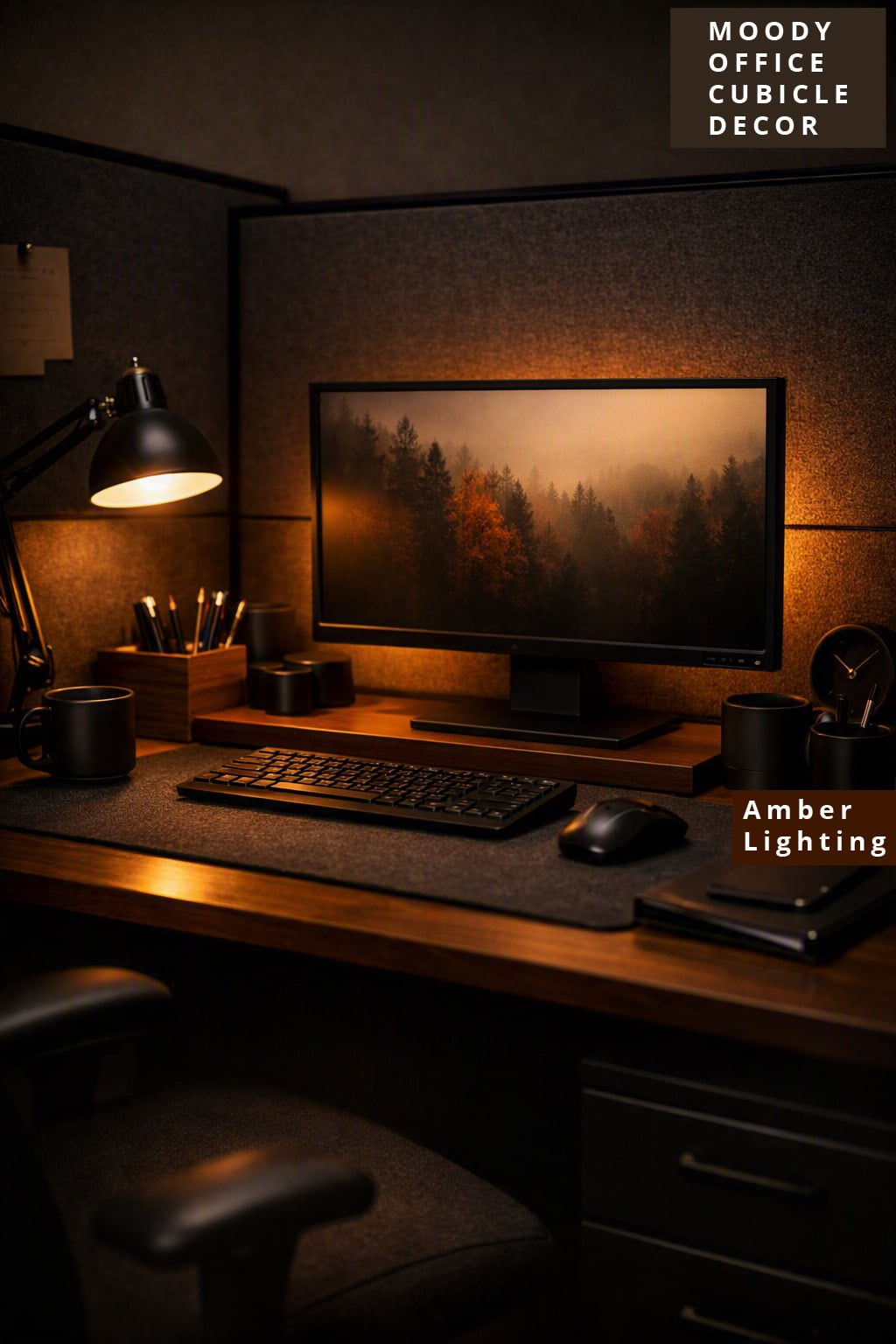 Dark Moody Office Cubicle Decor Idea 6 Warm Amber Lighting