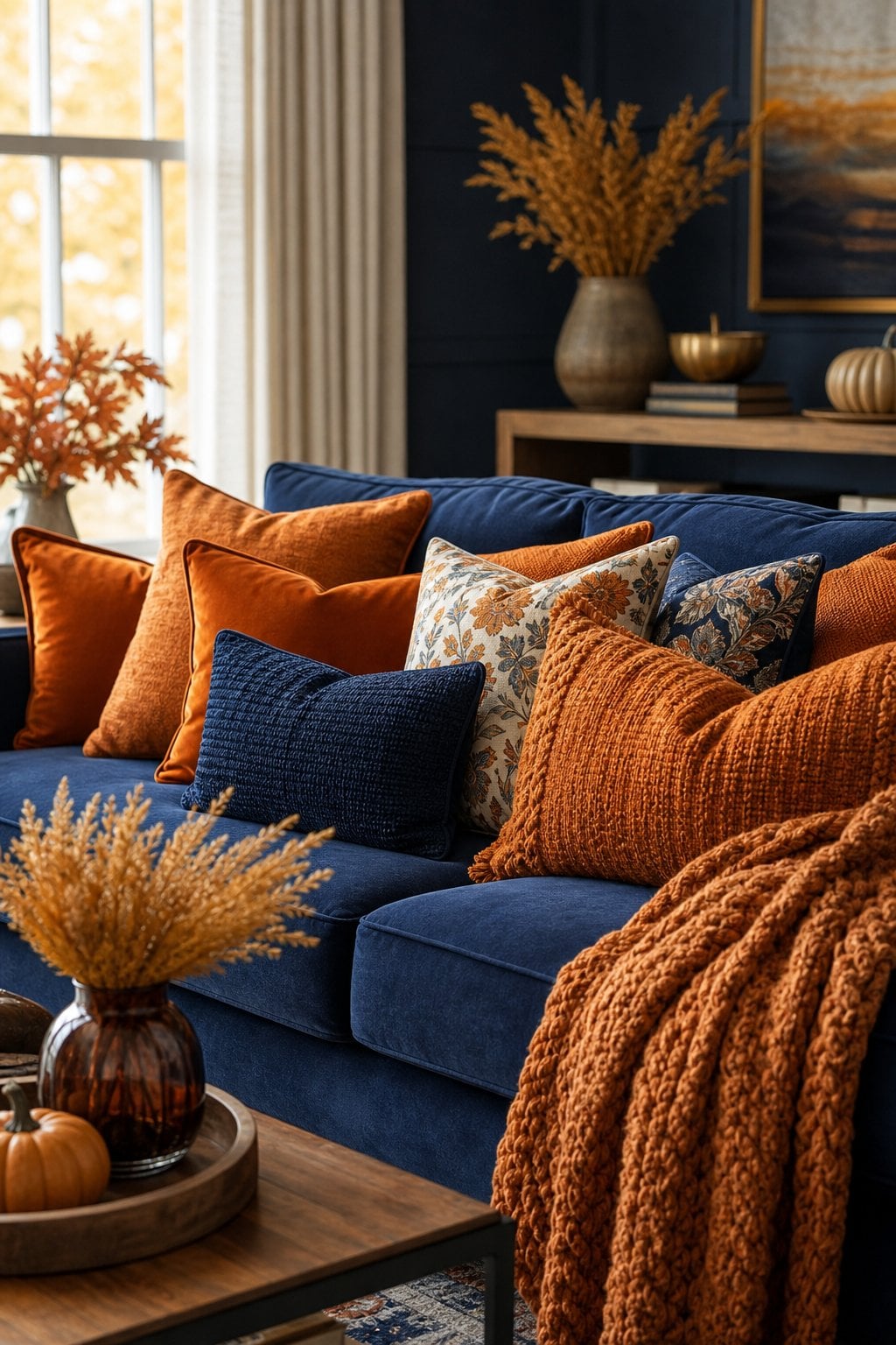 Fall Decor Idea Blue Living Room 1 Amber Throw Pillows