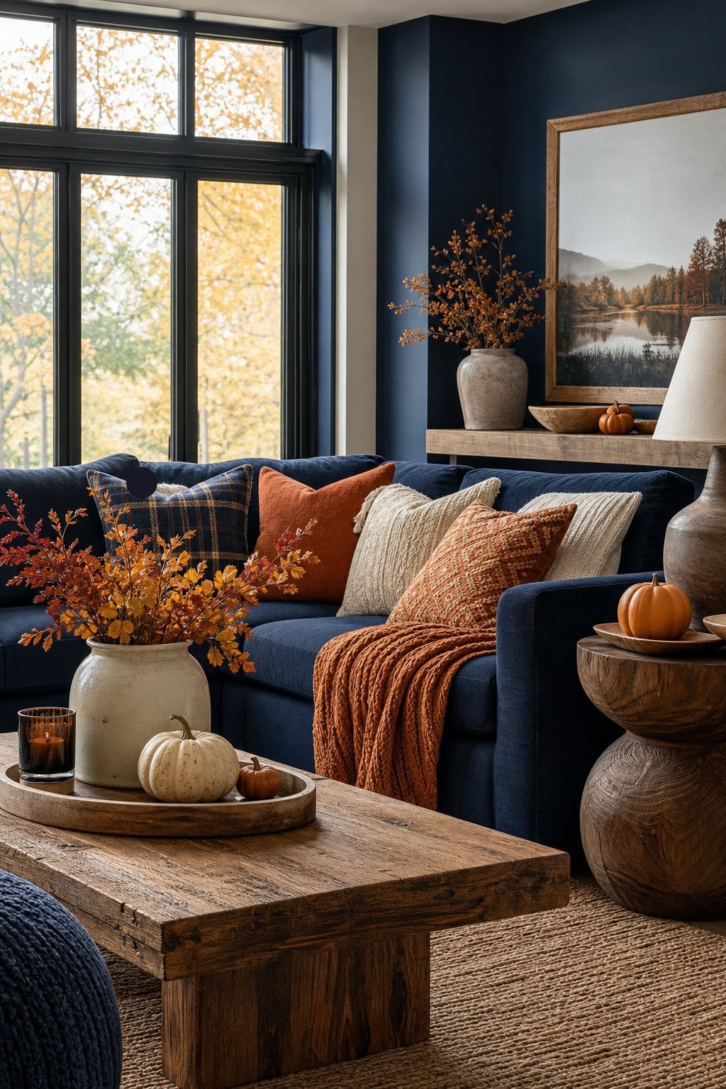 Fall Decor Idea Blue Living Room 2 Natural Wood Accents