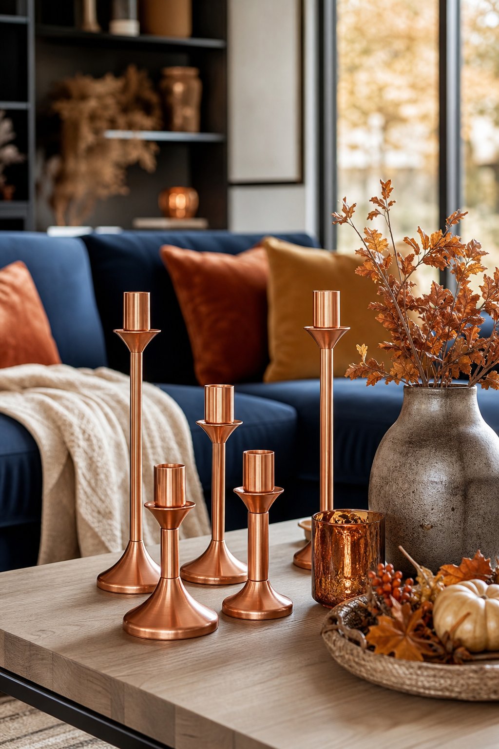 Fall Decor Idea Blue Living Room 3 Copper Candle Holders