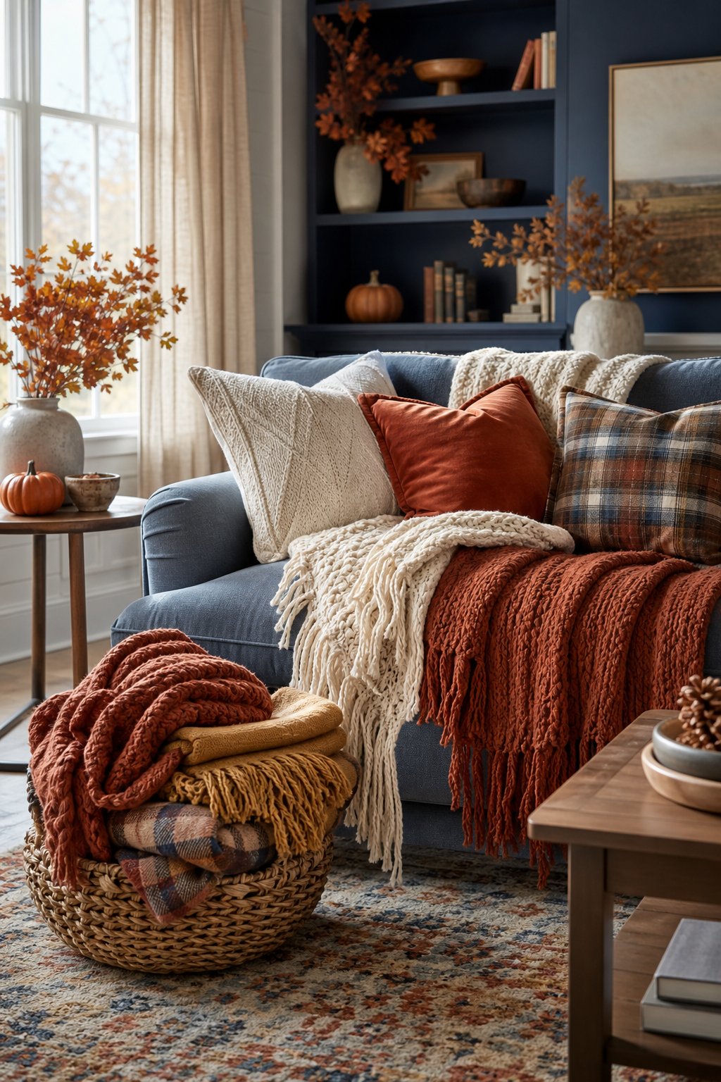 Fall Decor Idea Blue Living Room 4 Cozy Layered Blankets