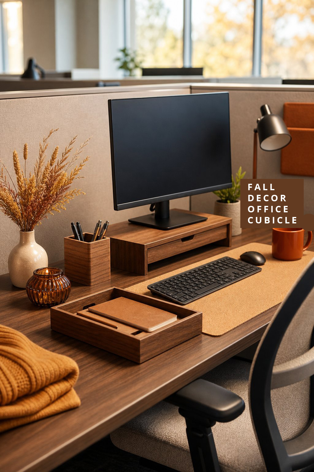 Fall Office Cubicle Decor Idea 4 Warm Wood Desk Accessories