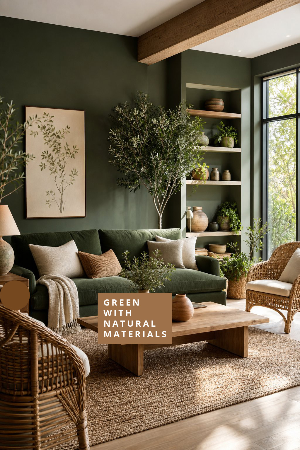 Green Living Room Idea with Natural Materials 1 Forest Green