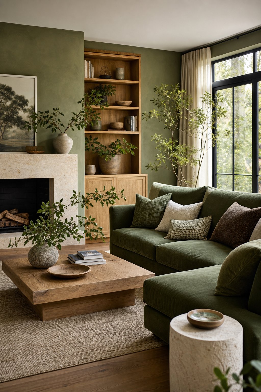 Green Living Room Idea with Natural Materials 9 with Wood and Stone