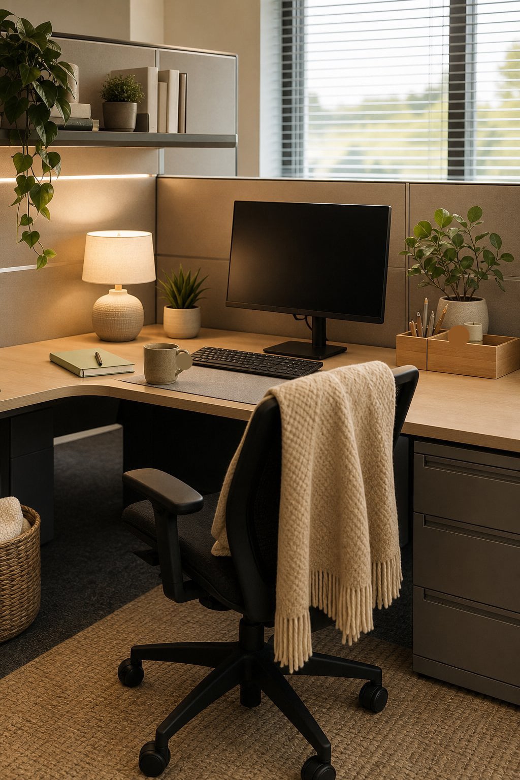 Hygge Office Cubicle Decor Idea 1 Soft Lighting