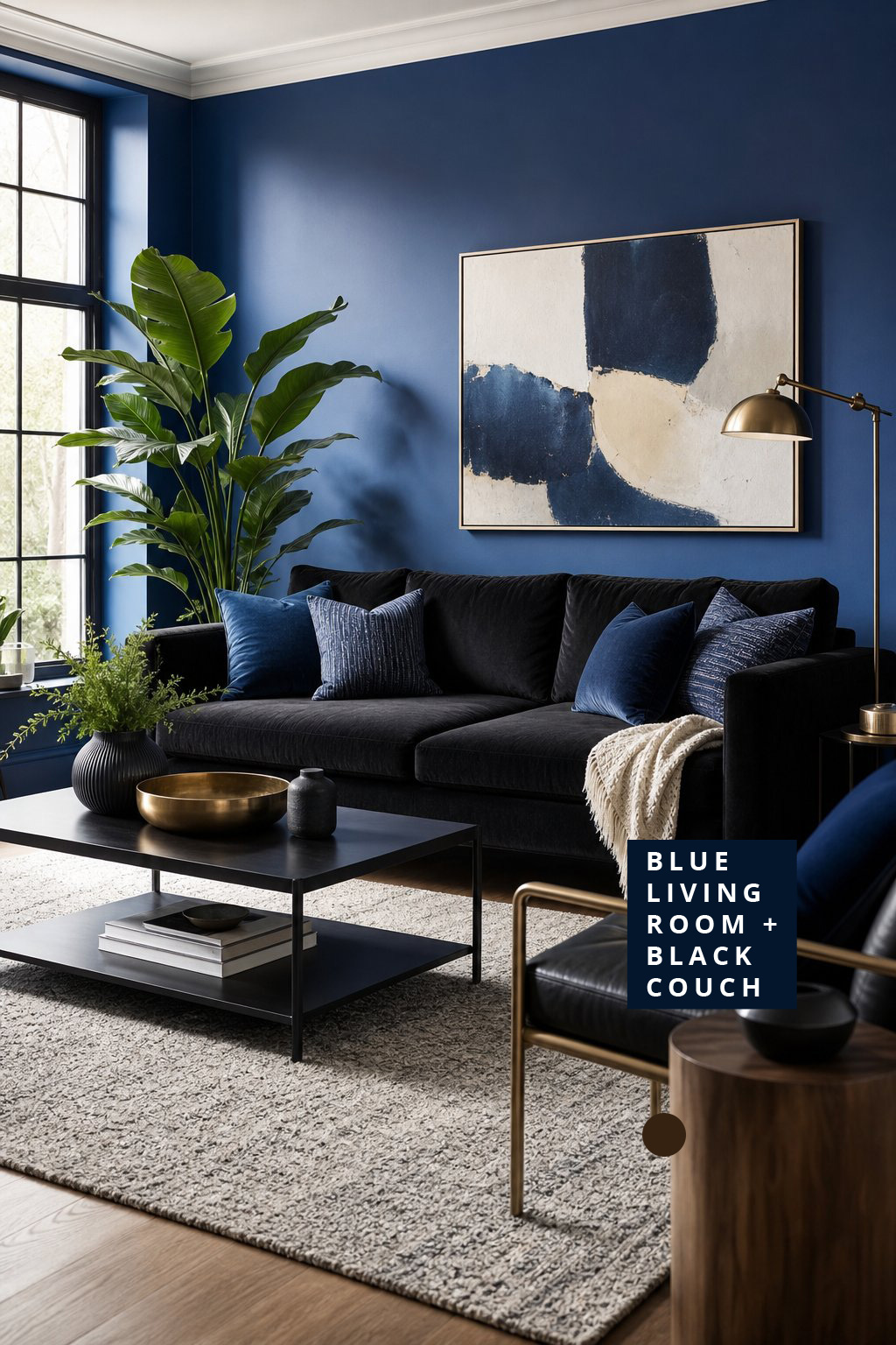 Living Room Decor Idea 1 Cobalt Blue Walls Black Couch