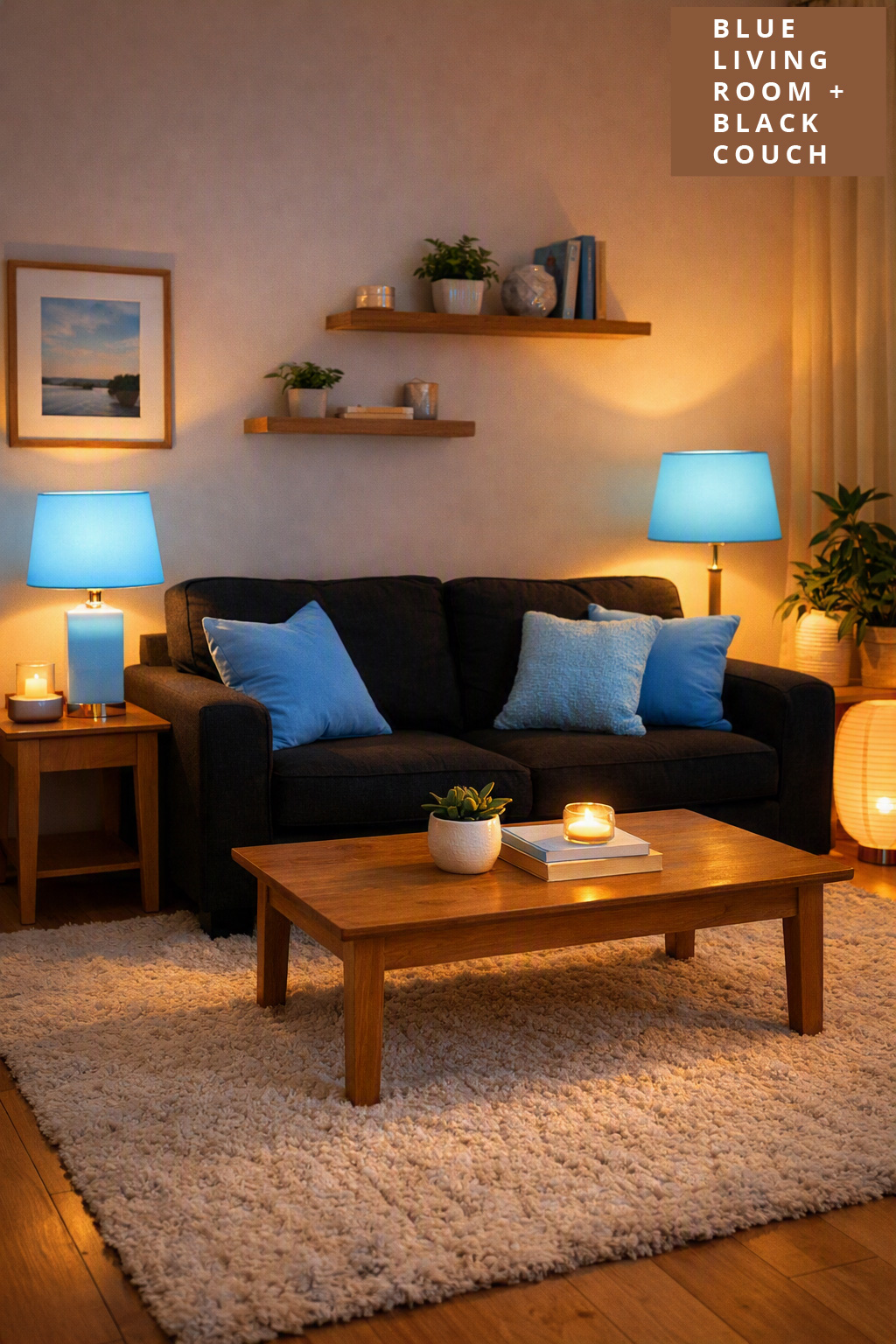 Living Room Decor Idea 10 Sky Blue Lighting Accents Black Couch