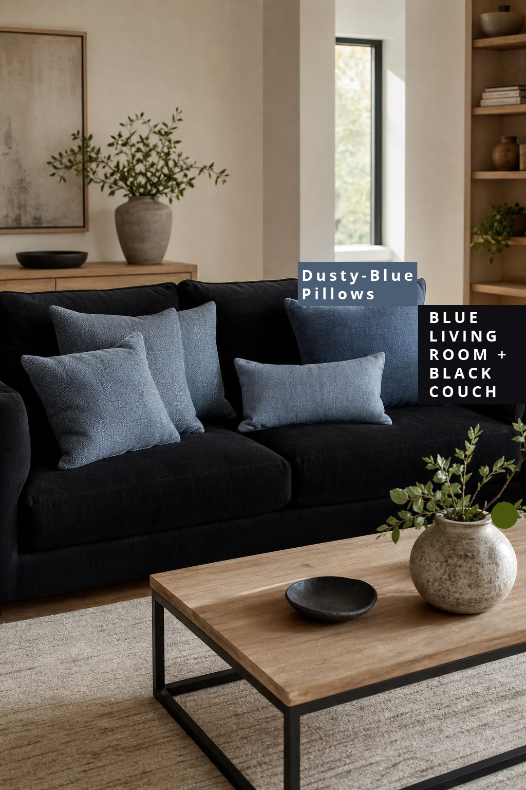 Living Room Decor Idea 3 Dusty Blue Pillows Black Couch
