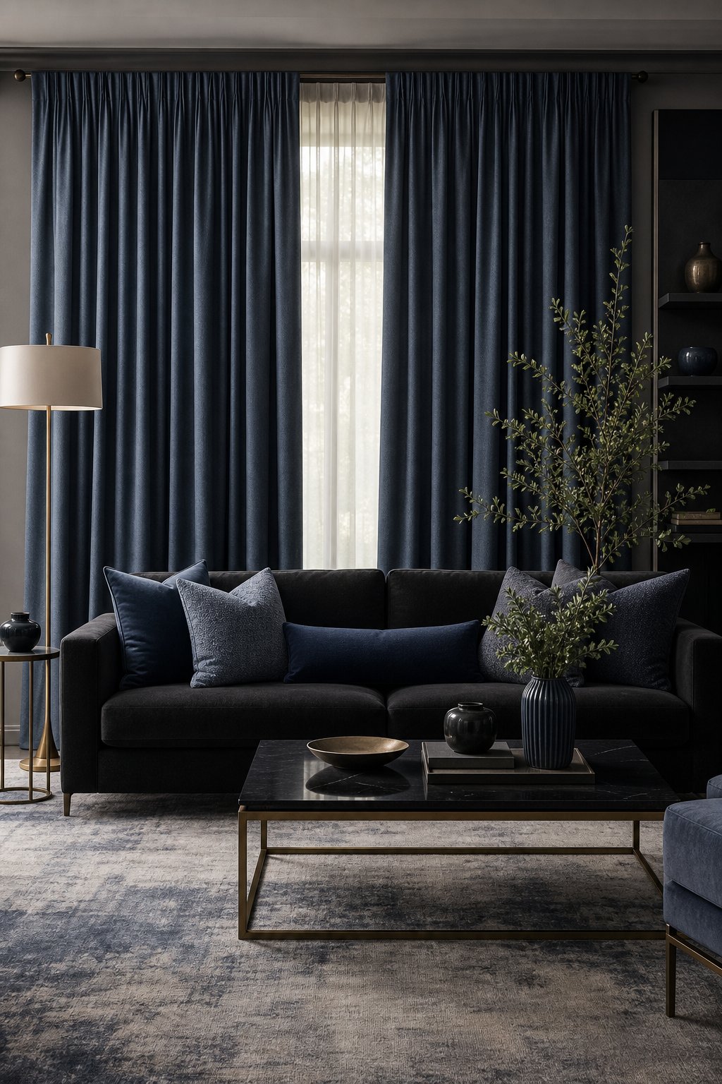 Living Room Decor Idea 4 Slate Blue Curtains Black Couch