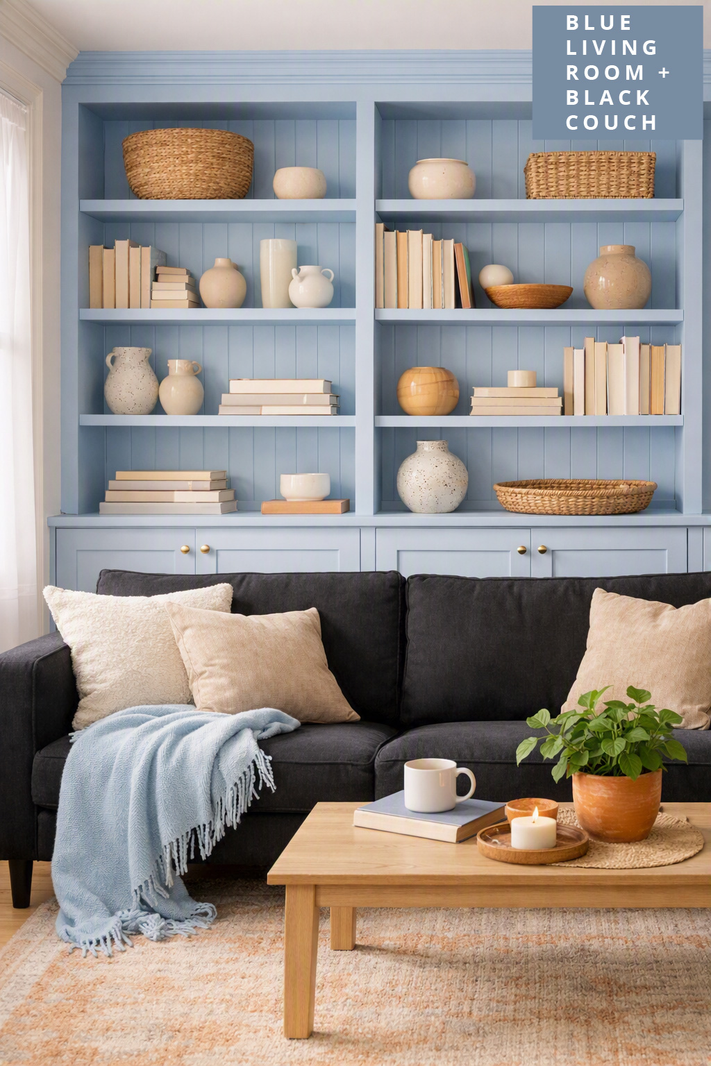 Living Room Decor Idea 7 Powder Blue Built Ins Black Couch