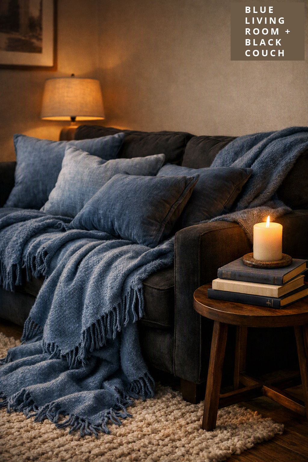 Living Room Decor Idea 8 Steel Blue Throws Black Couch