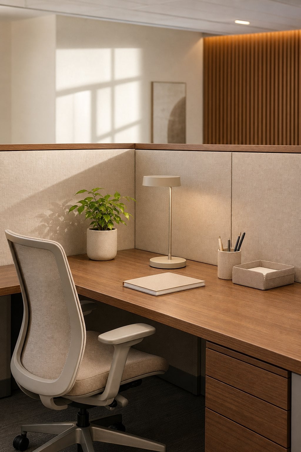 Neutral Office Cubicle Decor Idea 1 Soft Beige Panels with Warm Wood Accents