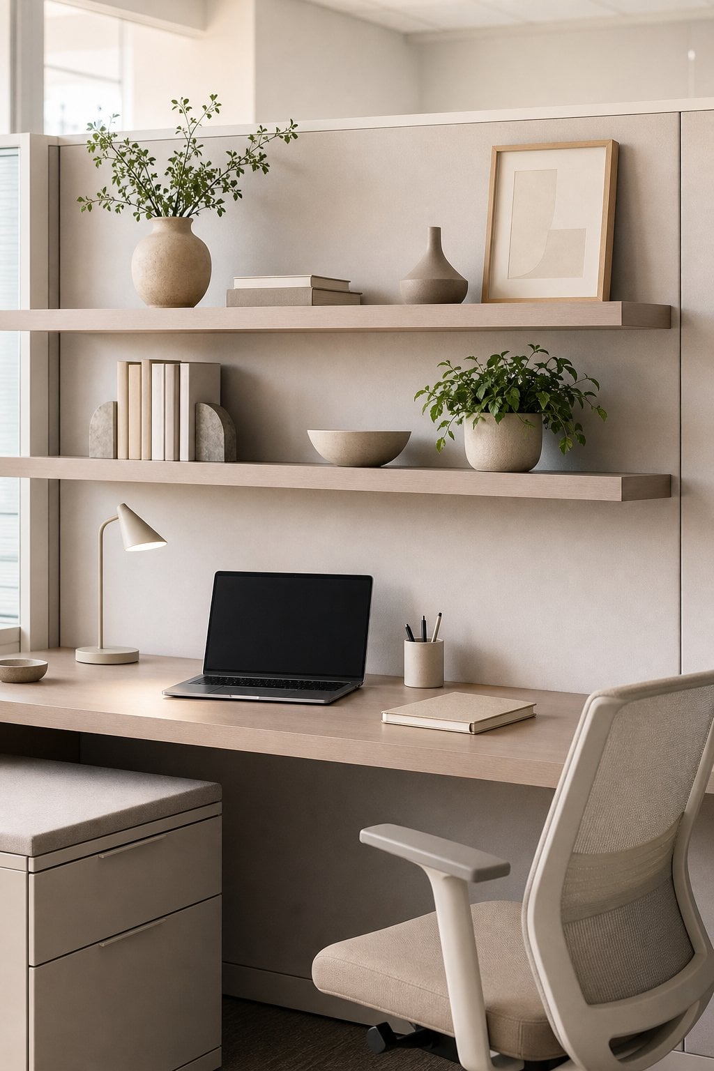 Neutral Office Cubicle Decor Idea 2 Minimal Desk Shelves