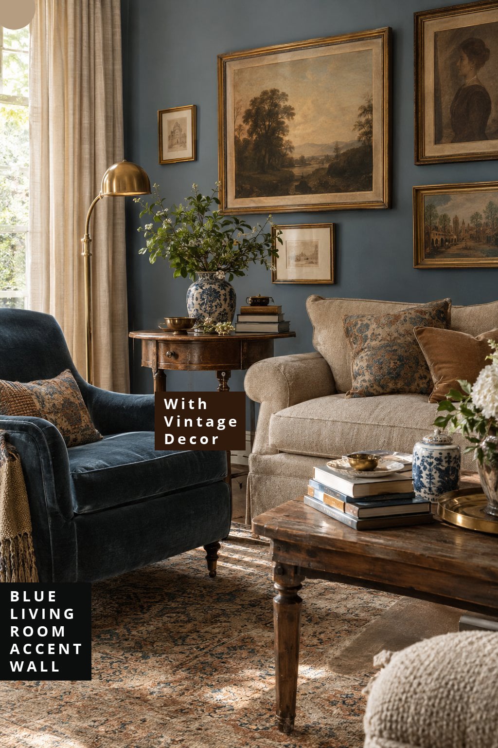 Blue Accent Wall Living Room Idea 2 Dusty Blue with Vintage Decor