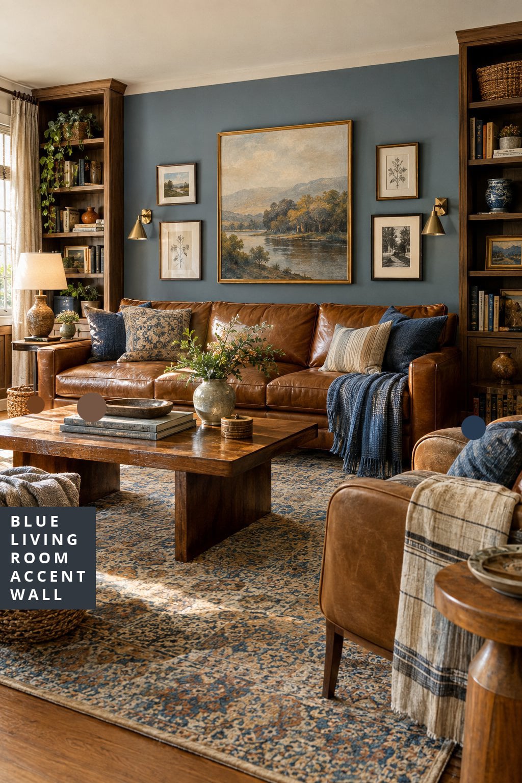 Blue Accent Wall Living Room Idea 3 with Brown Couch