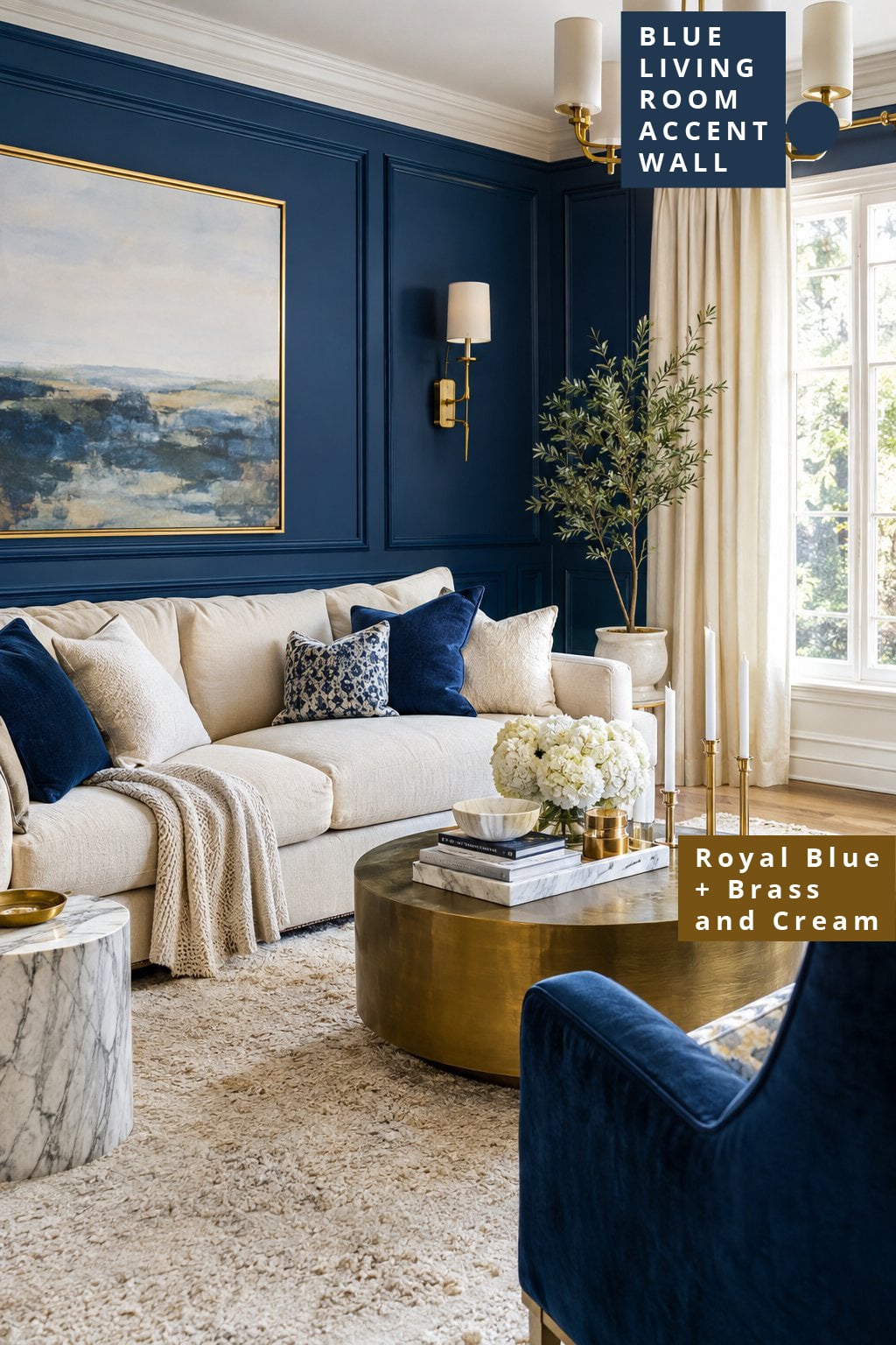 Blue Accent Wall Living Room Idea 4 Royal Blue with Brass and Cream
