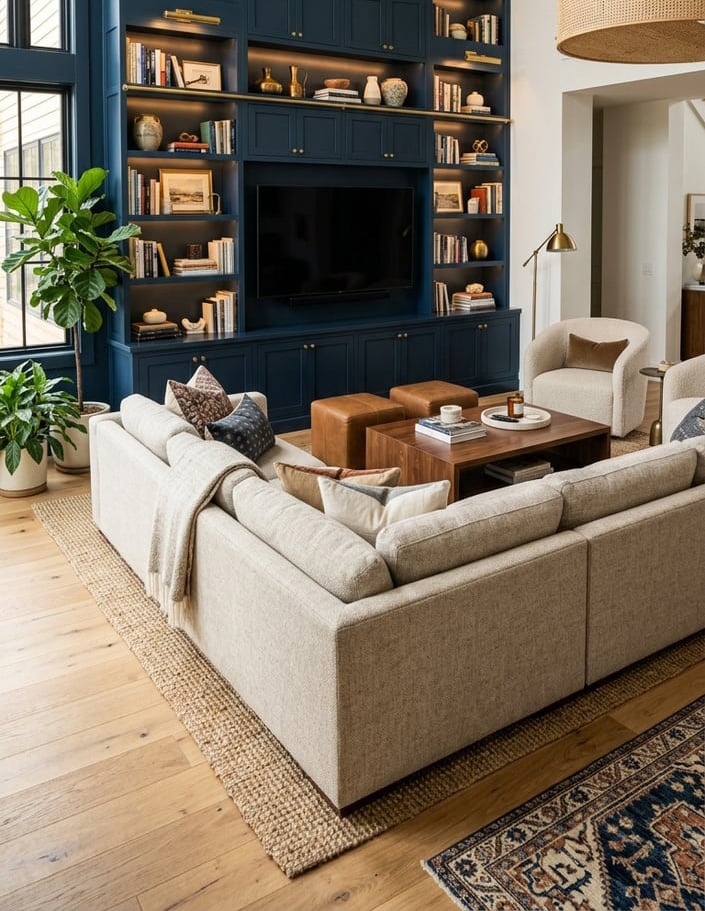 Blue Accent Wall Living Room Idea 5 with TV and Built In Shelving
