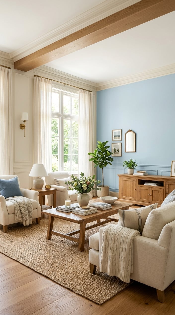 Blue Accent Wall Living Room Idea 8 Light Blue with Warm Wood Furniture