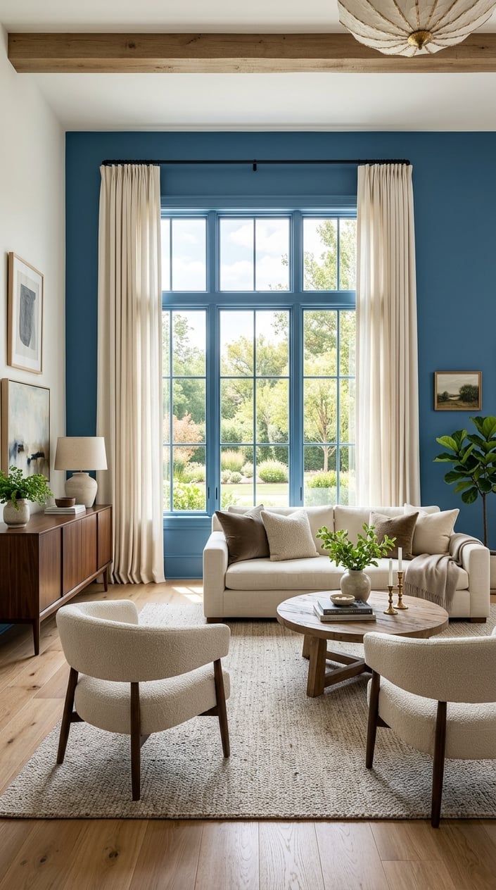 Blue Accent Wall Living Room Idea 9 with Window