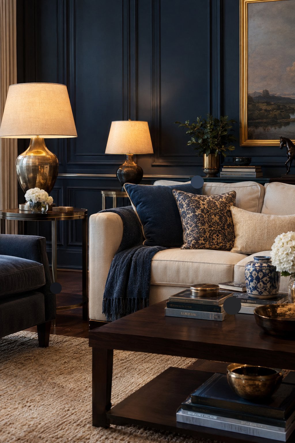 Blue Living Room Lighting Idea 1 Navy Accent Wall with Table Lamps