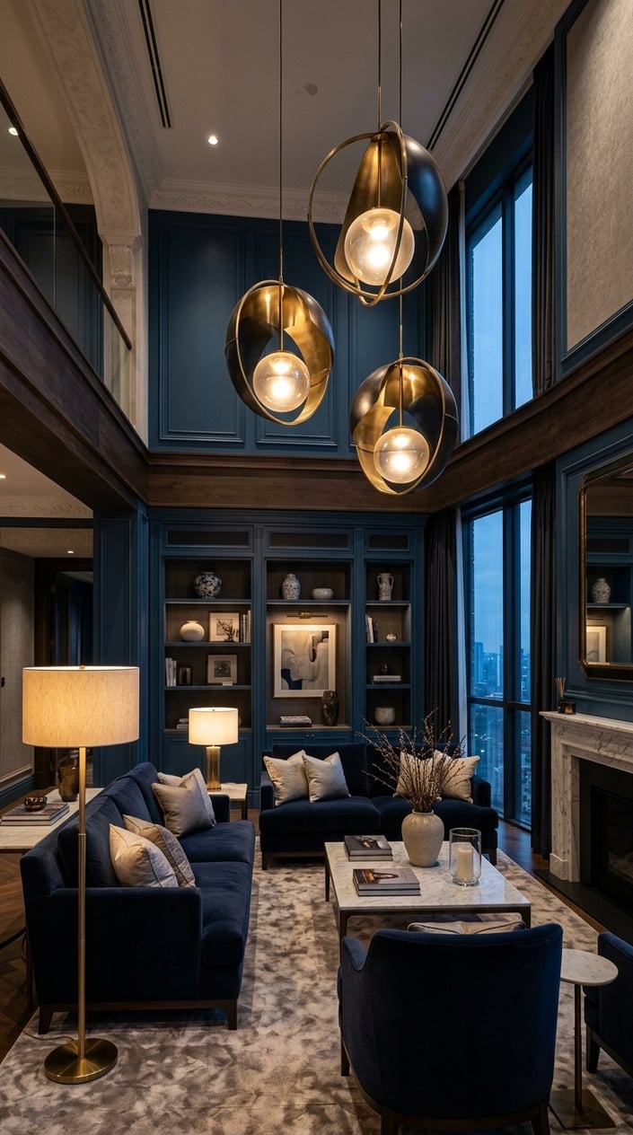 Blue Living Room Lighting Idea 10 With Statement Pendants and Soft Lamp Light