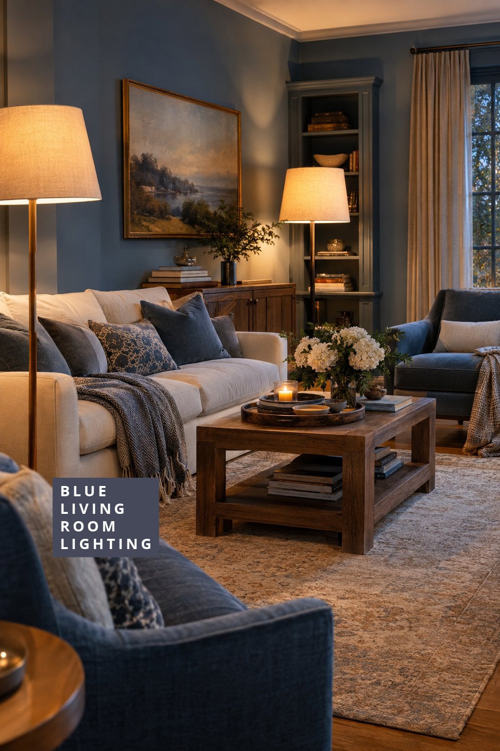 Blue Living Room Lighting Idea 2 Warm Mood with Linen Shaded Floor Lamps