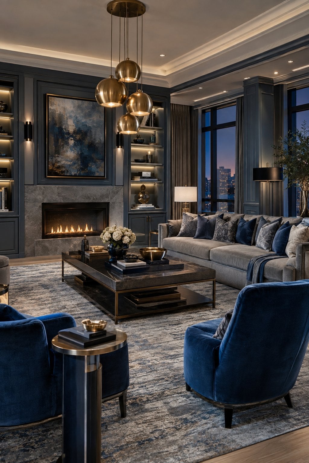 Blue Living Room Lighting Idea 3 Blue and Grey with Mixed Metal Fixtures