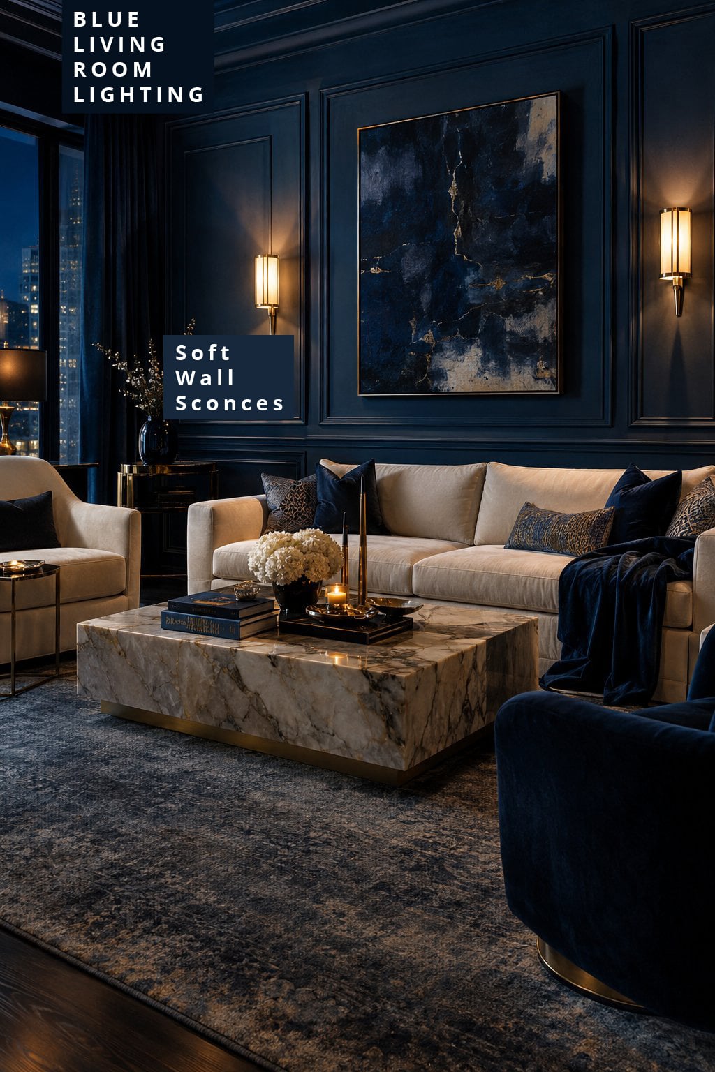 Blue Living Room Lighting Idea 4 Dark Blue with Soft Wall Sconces