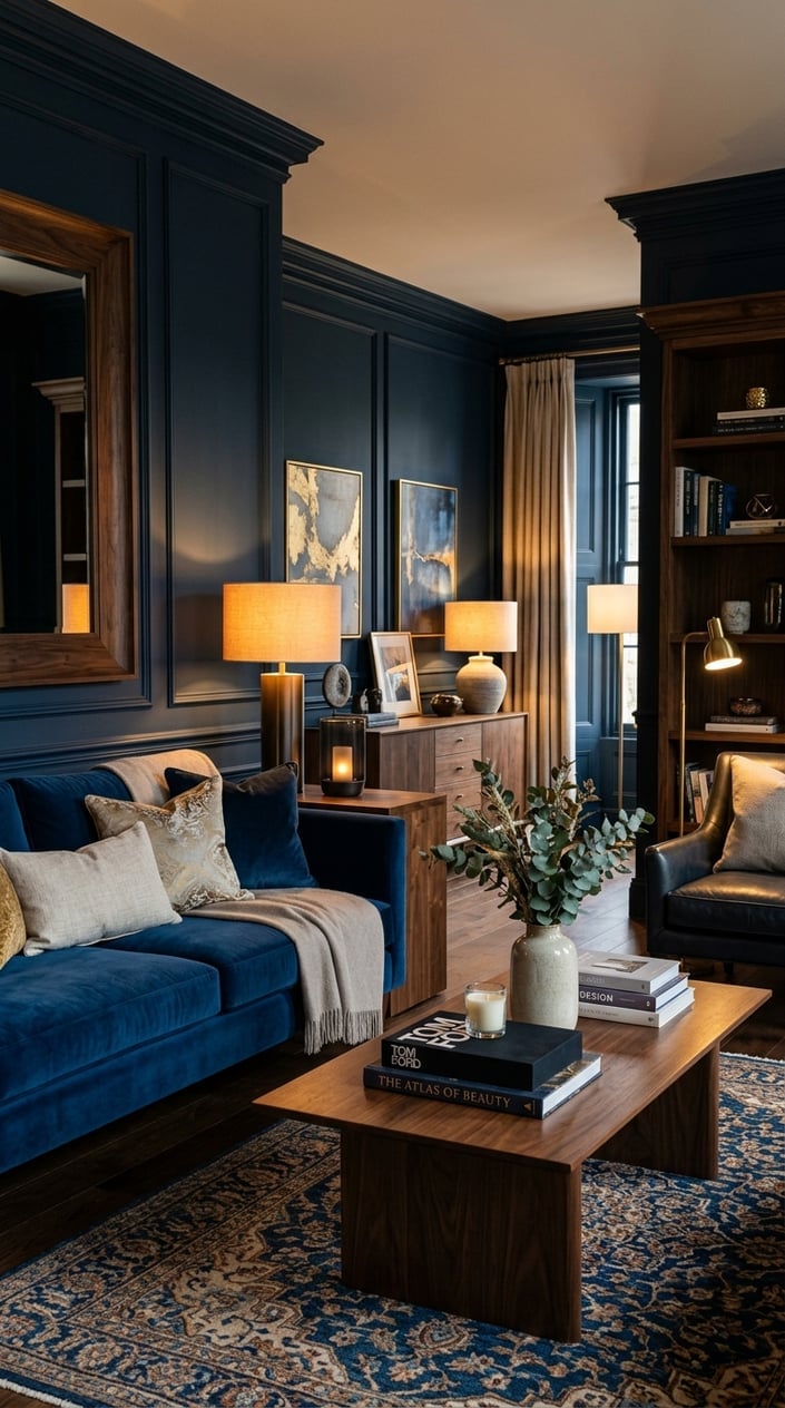 Blue Living Room Lighting Idea 7 Warm Wood and Ambient Lamps