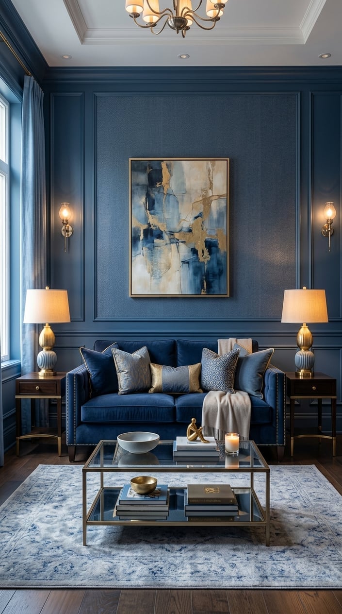 Blue Living Room Lighting Idea 8 Symmetrical Table Lamps