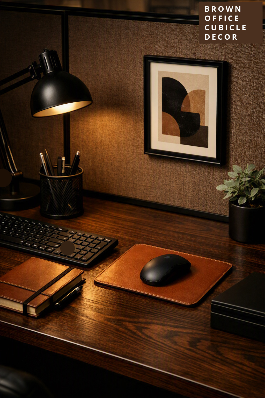 Brown Office Cubicle Decor Idea 11 Brown and Black Moody Desk Setup