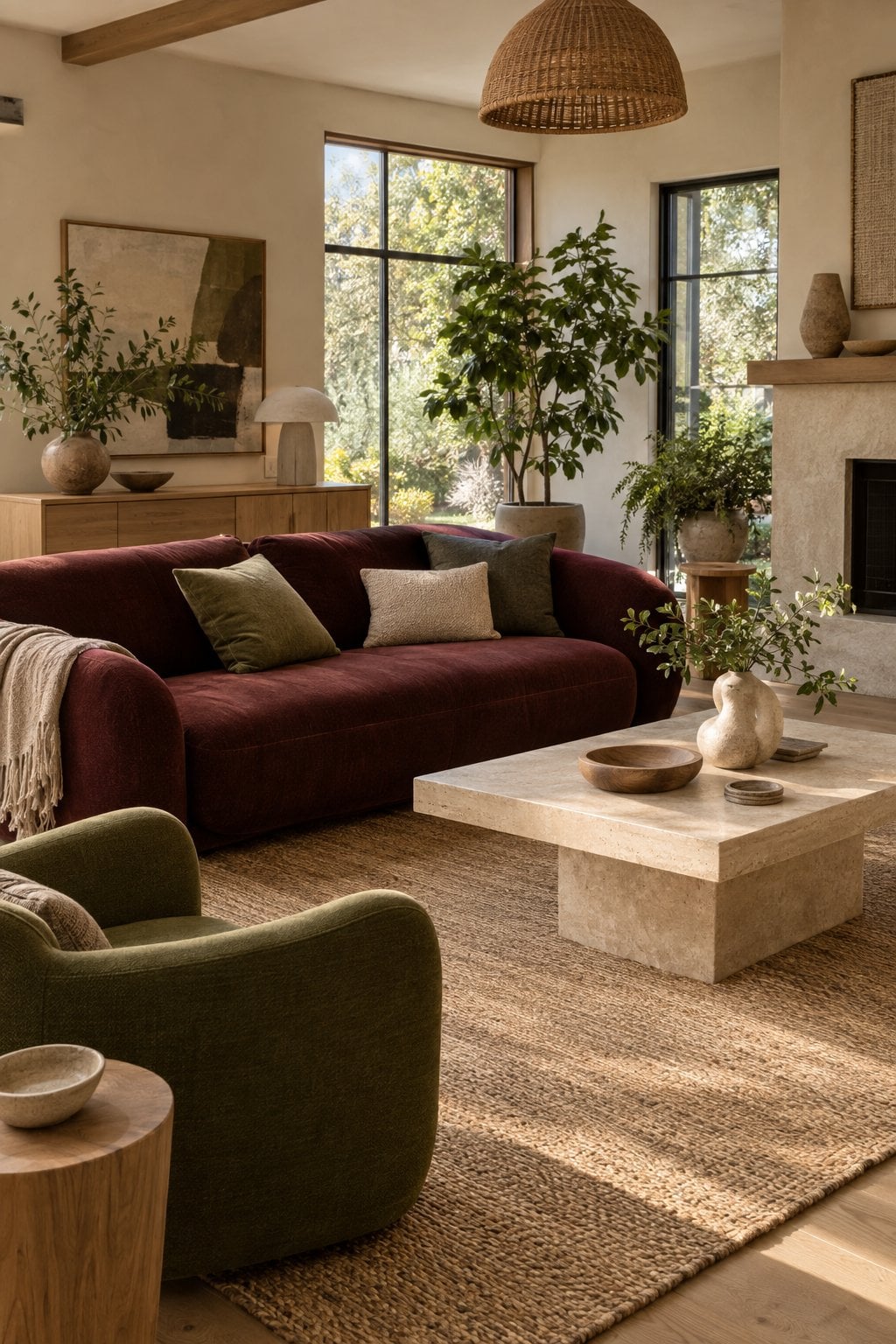 Burgundy and Green Living Room Idea 2 Organic Modern with Olive Green