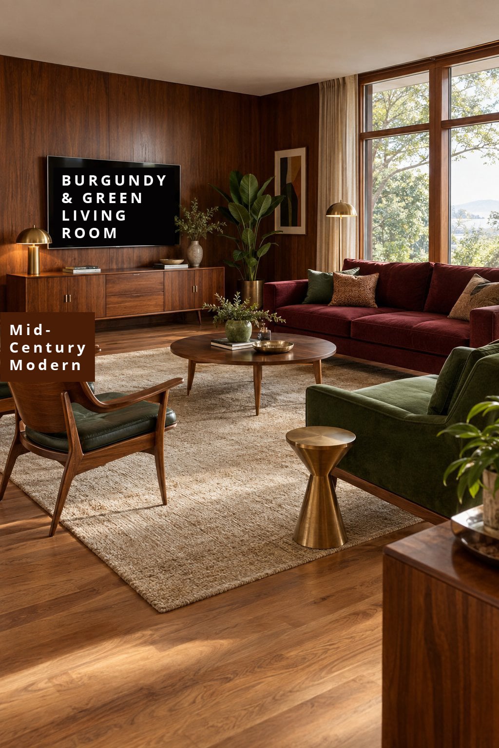 Burgundy and Green Living Room Idea 3 Mid Century Modern with Walnut Wood