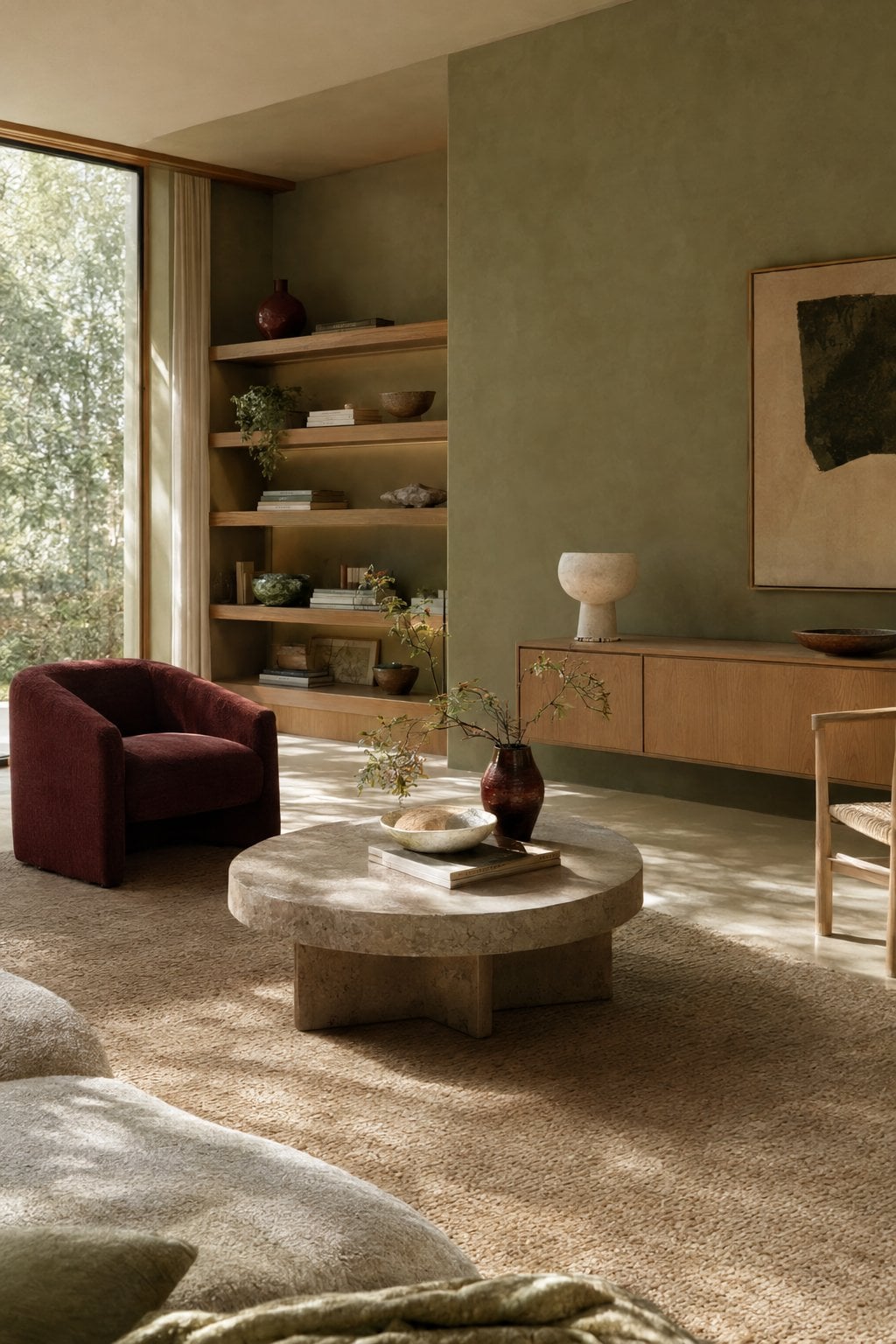 Burgundy and Green Living Room Idea 7 Japandi