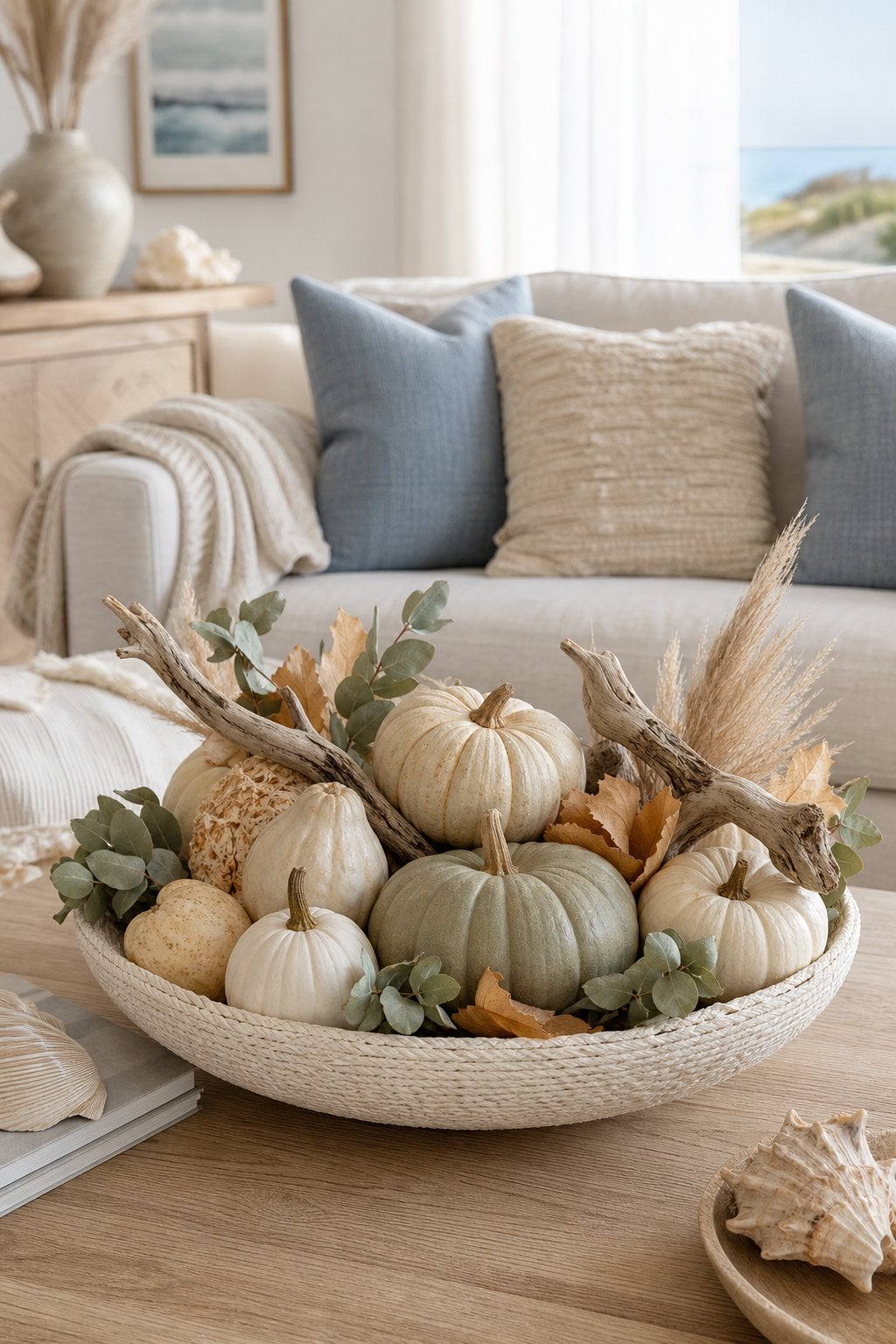Coastal Fall Living Room Decor Idea 1 Driftwood Pumpkin Centerpiece