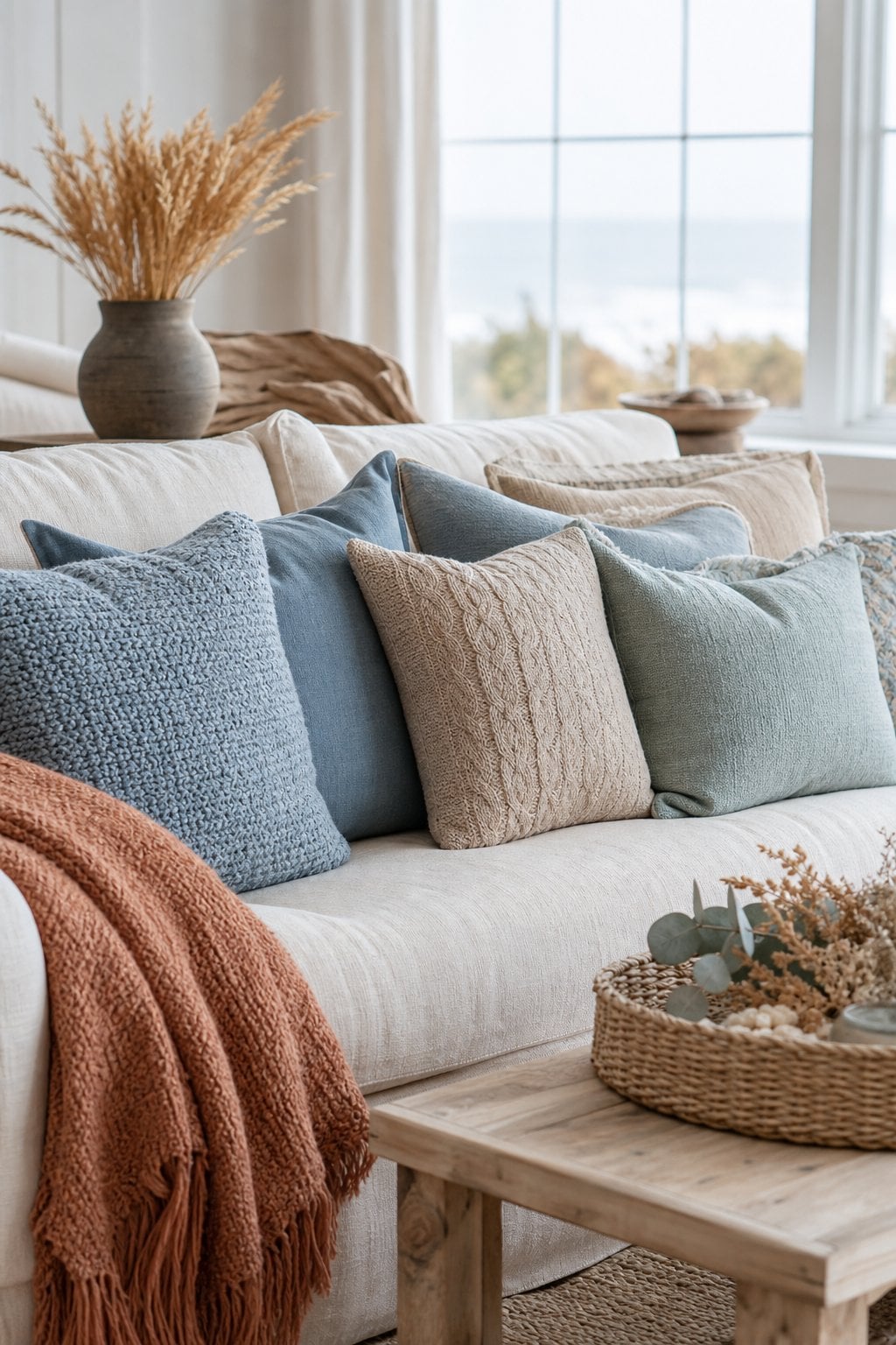 Coastal Fall Living Room Decor Idea 2 Throw Pillows
