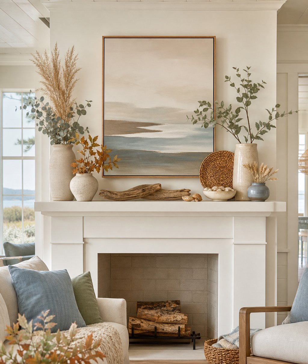 Coastal Fall Living Room Decor Idea 3 Mantel Styling Soft Colors