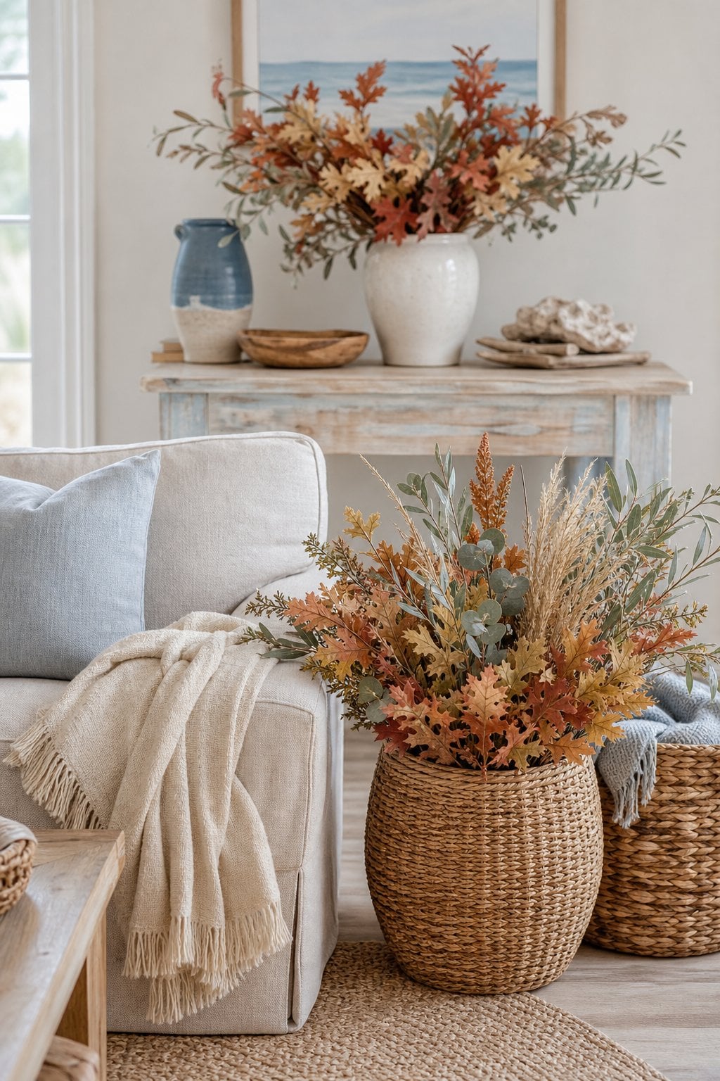 Coastal Fall Living Room Decor Idea 4 Woven Baskets with Fall Foliage