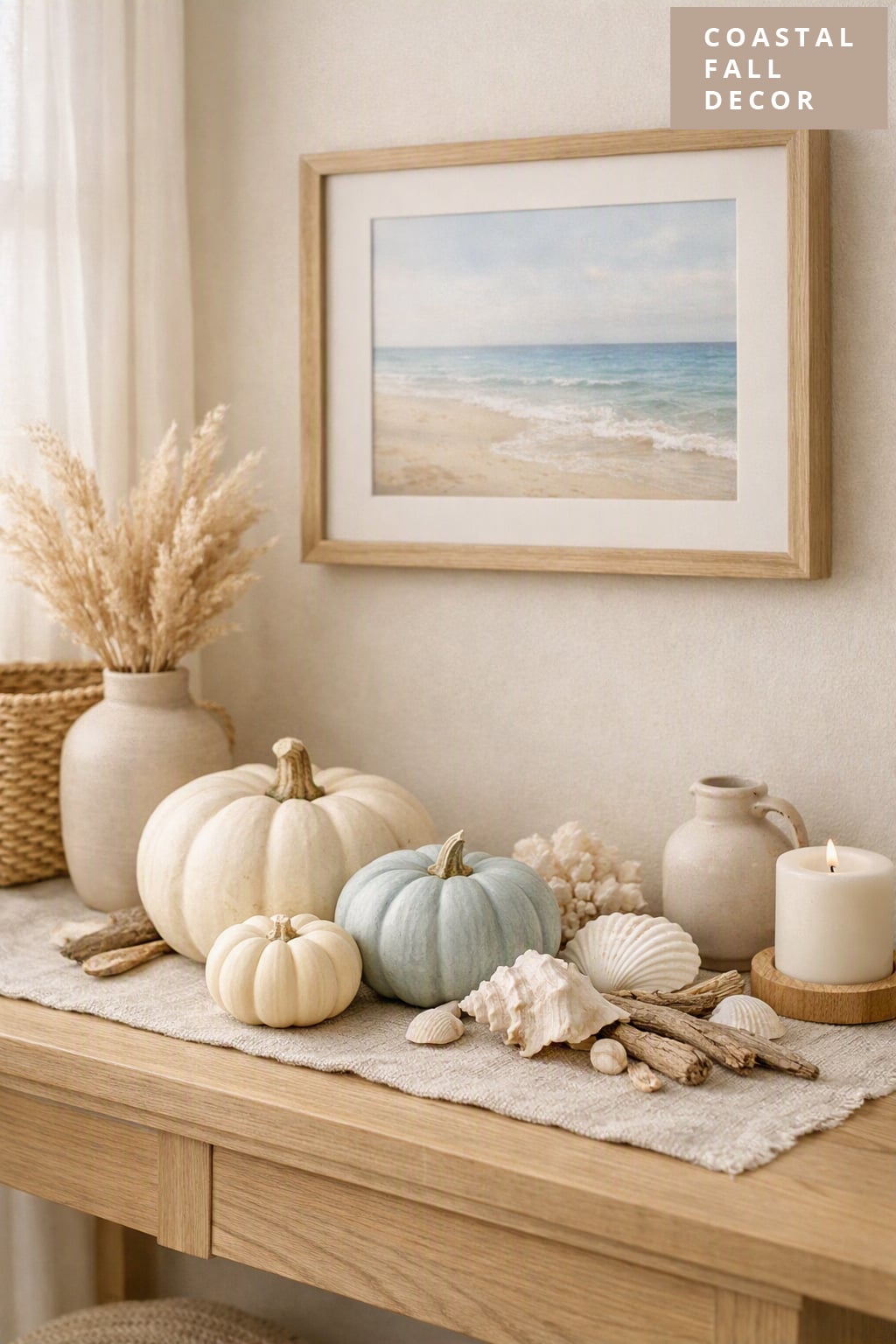 Coastal Fall Living Room Decor Idea 7 Seashells Neutral Pumpkins
