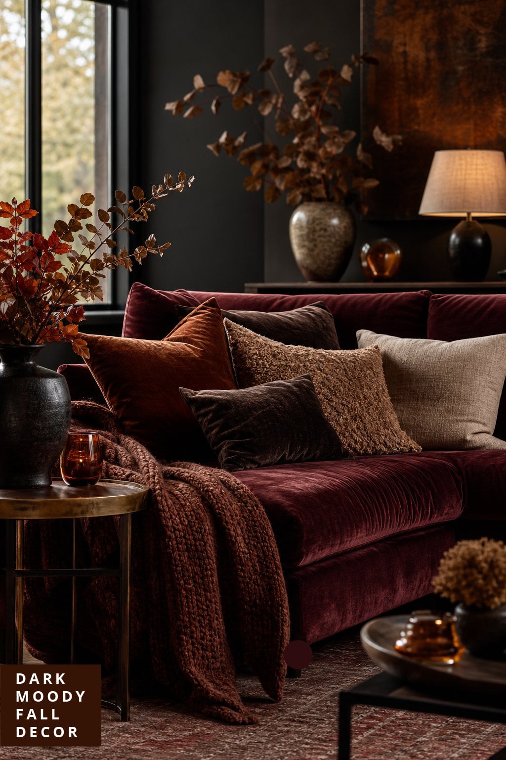 Dark Moody Fall Living Room Decor Idea 1 Velvet Sofa Layers