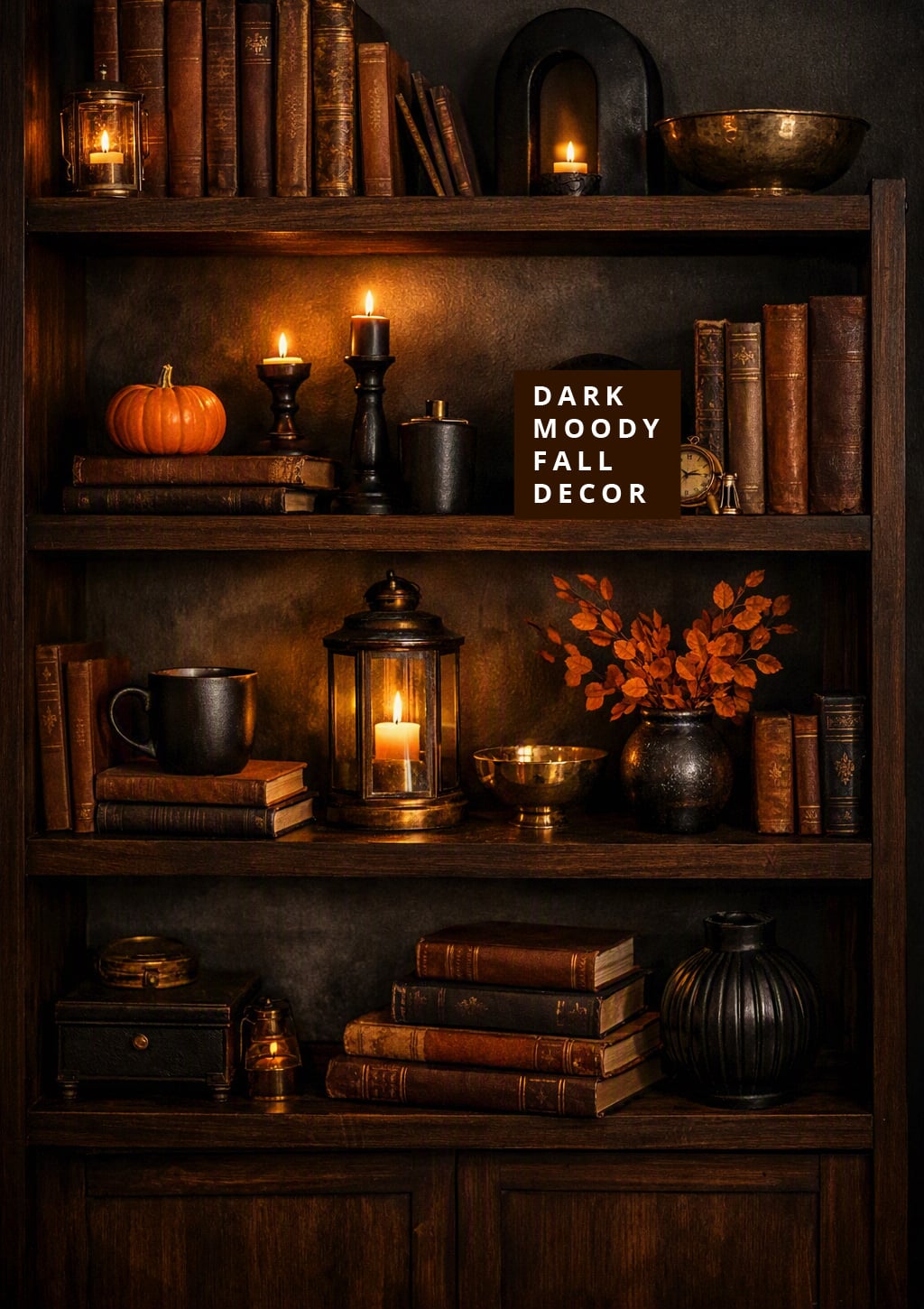 Dark Moody Fall Living Room Decor Idea 10 Bookshelf Styling