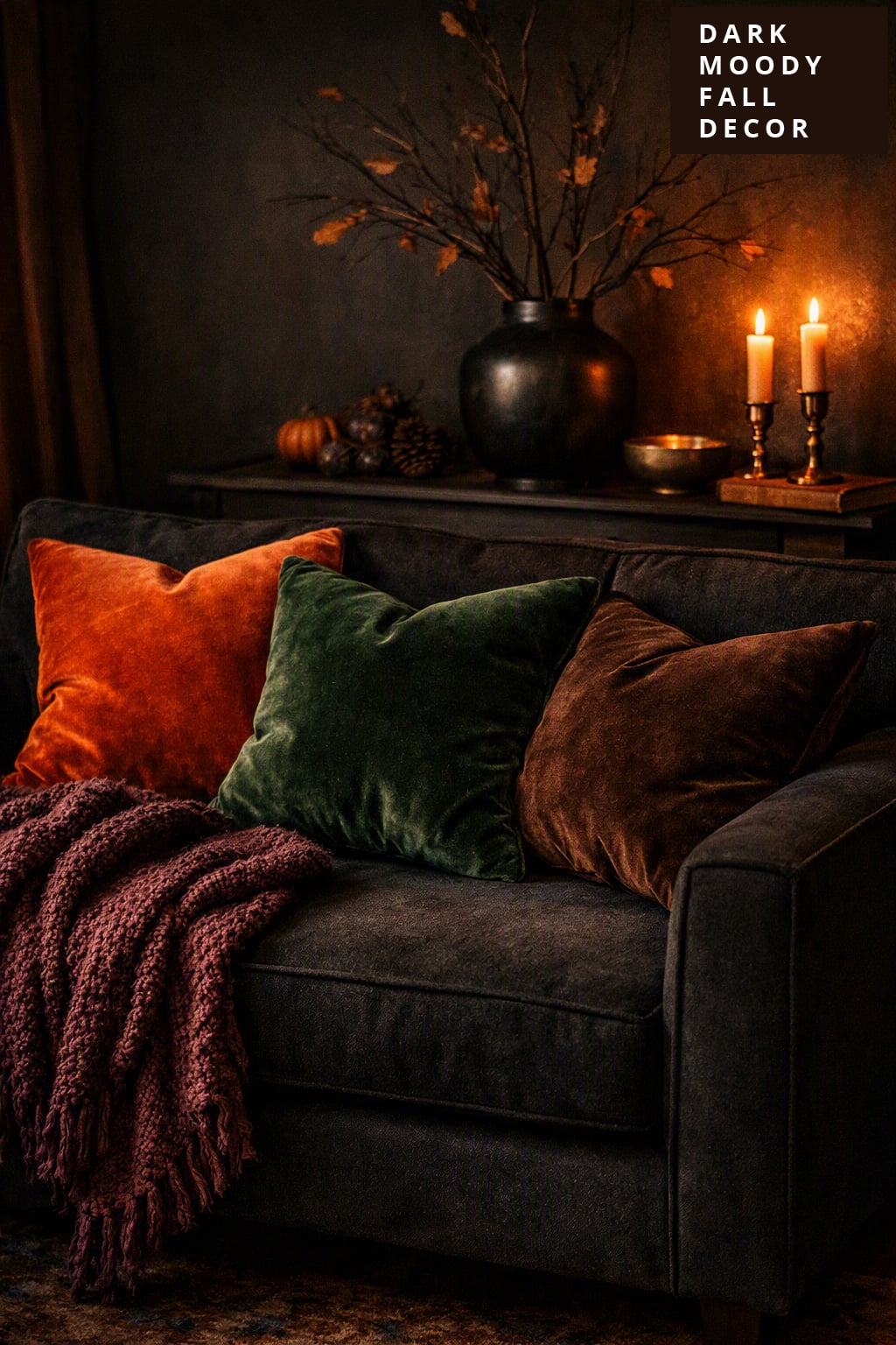 Dark Moody Fall Living Room Decor Idea 12 Pillows