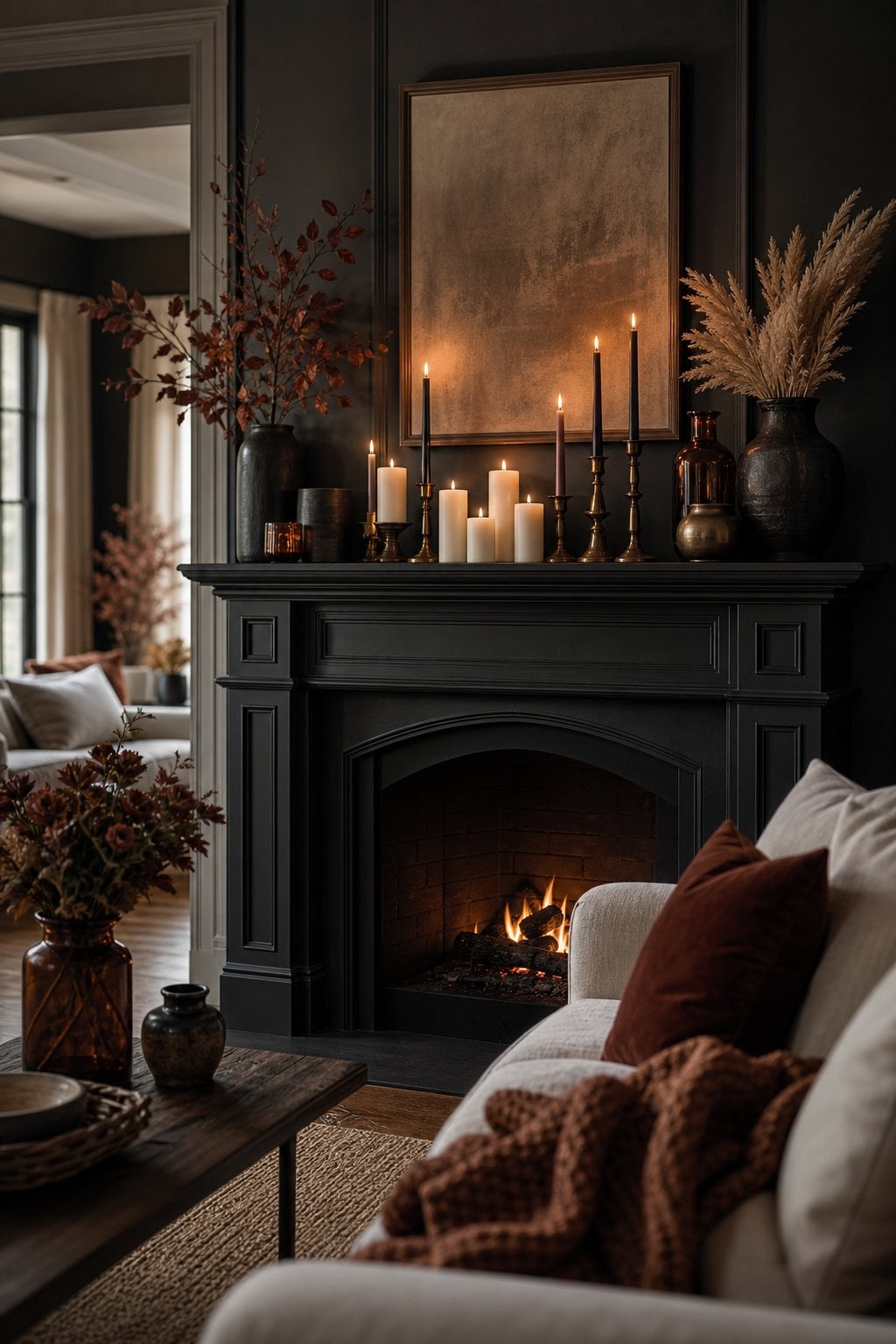 Dark Moody Fall Living Room Decor Idea 2 Mantel with Candles
