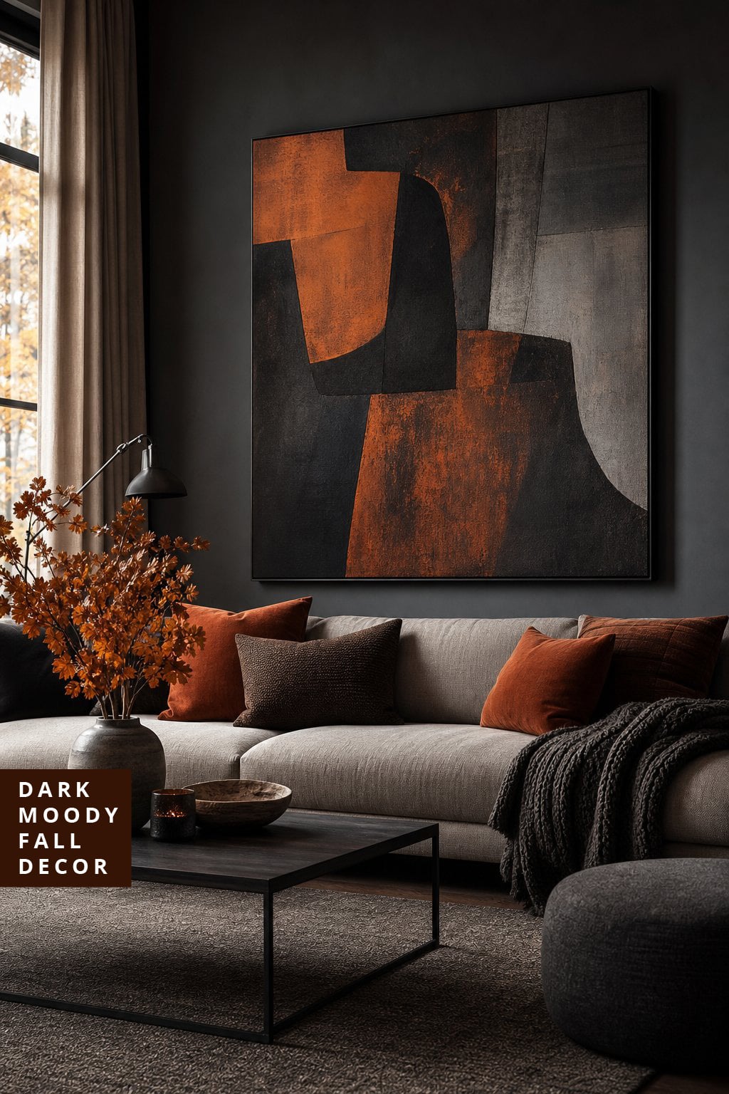 Dark Moody Fall Living Room Decor Idea 3 Moody Wall Art Charcoal Burnt Orange