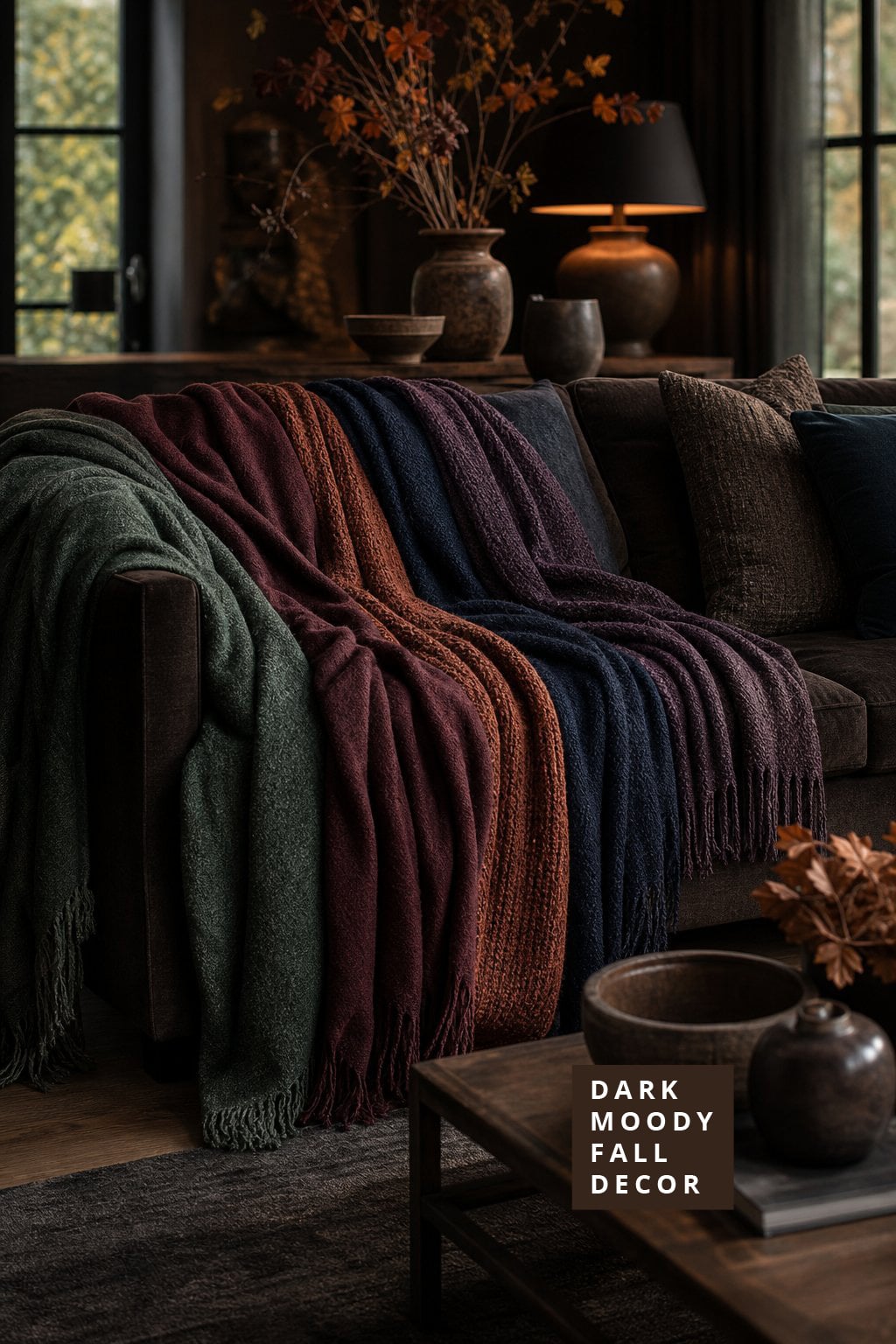 Dark Moody Fall Living Room Decor Idea 4 Throw Blankets