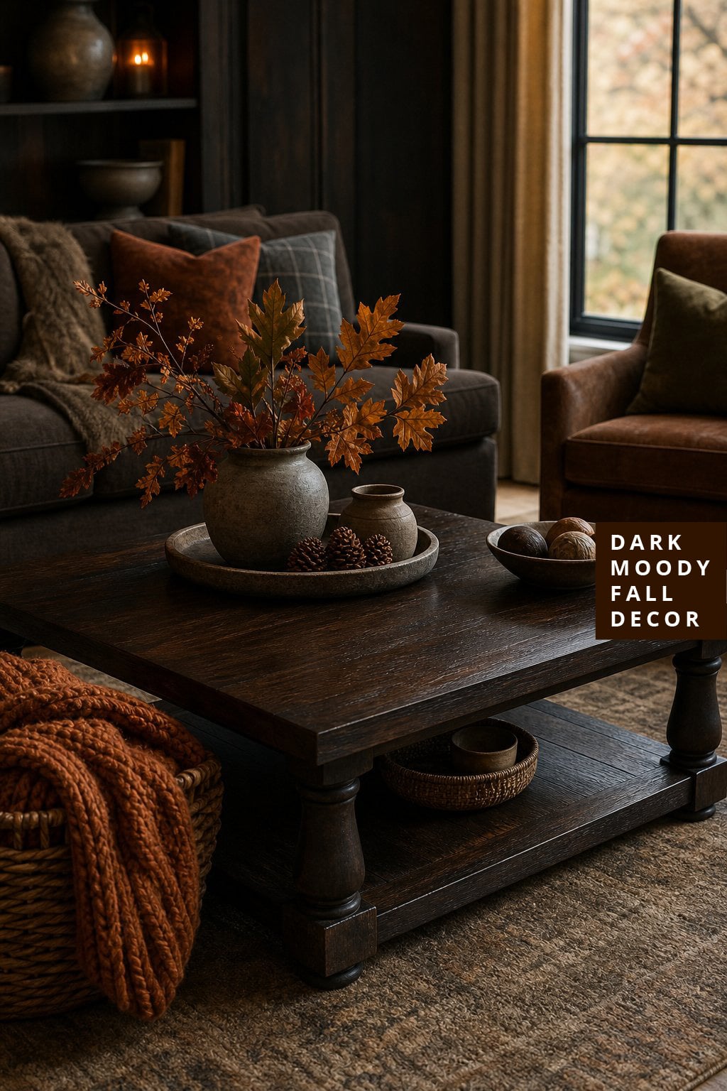 Dark Moody Fall Living Room Decor Idea 5 Wood Coffee Table